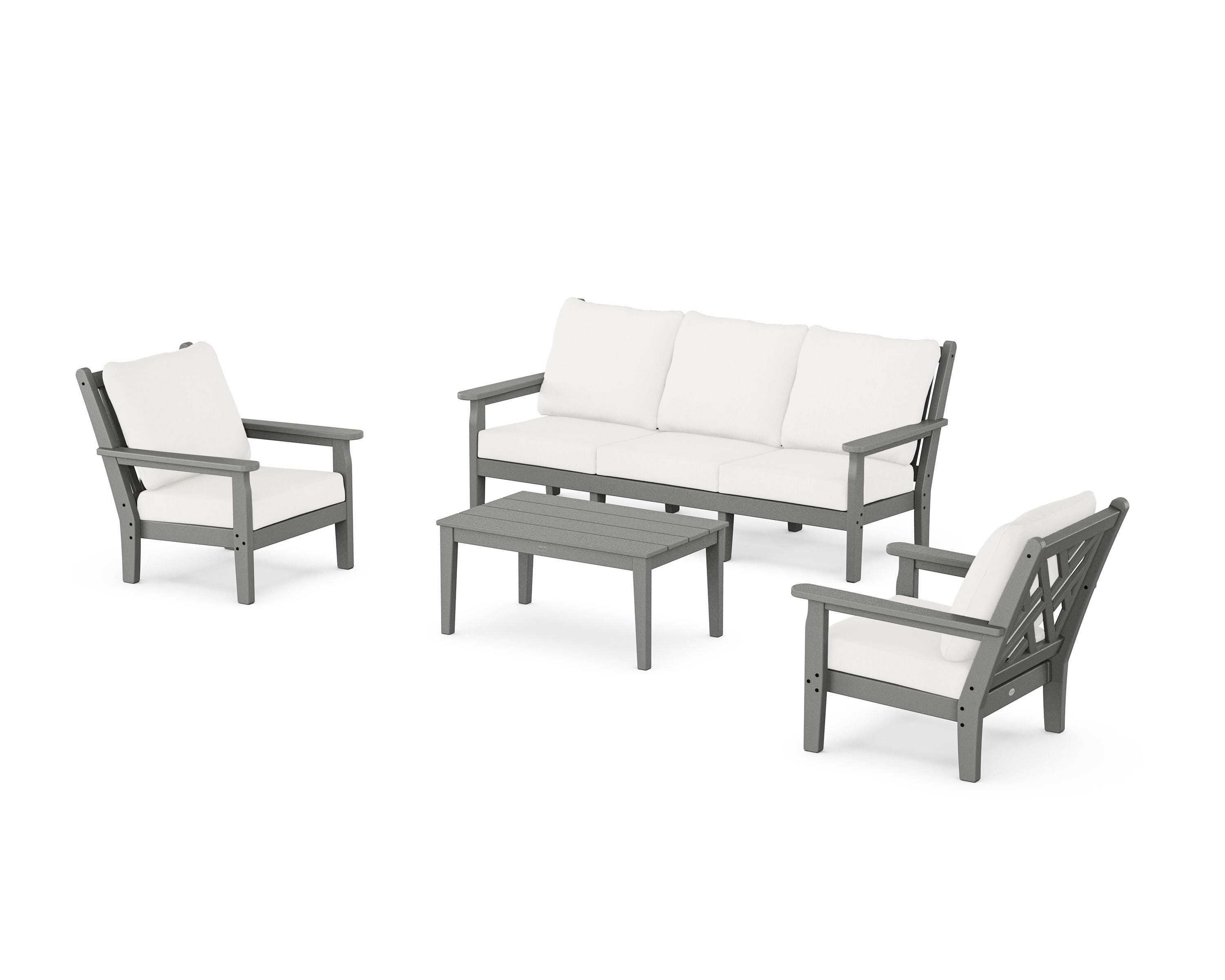 POLYWOOD Chippendale 4-Piece Deep Seating Set with Sofa in Slate Grey / Natural Linen