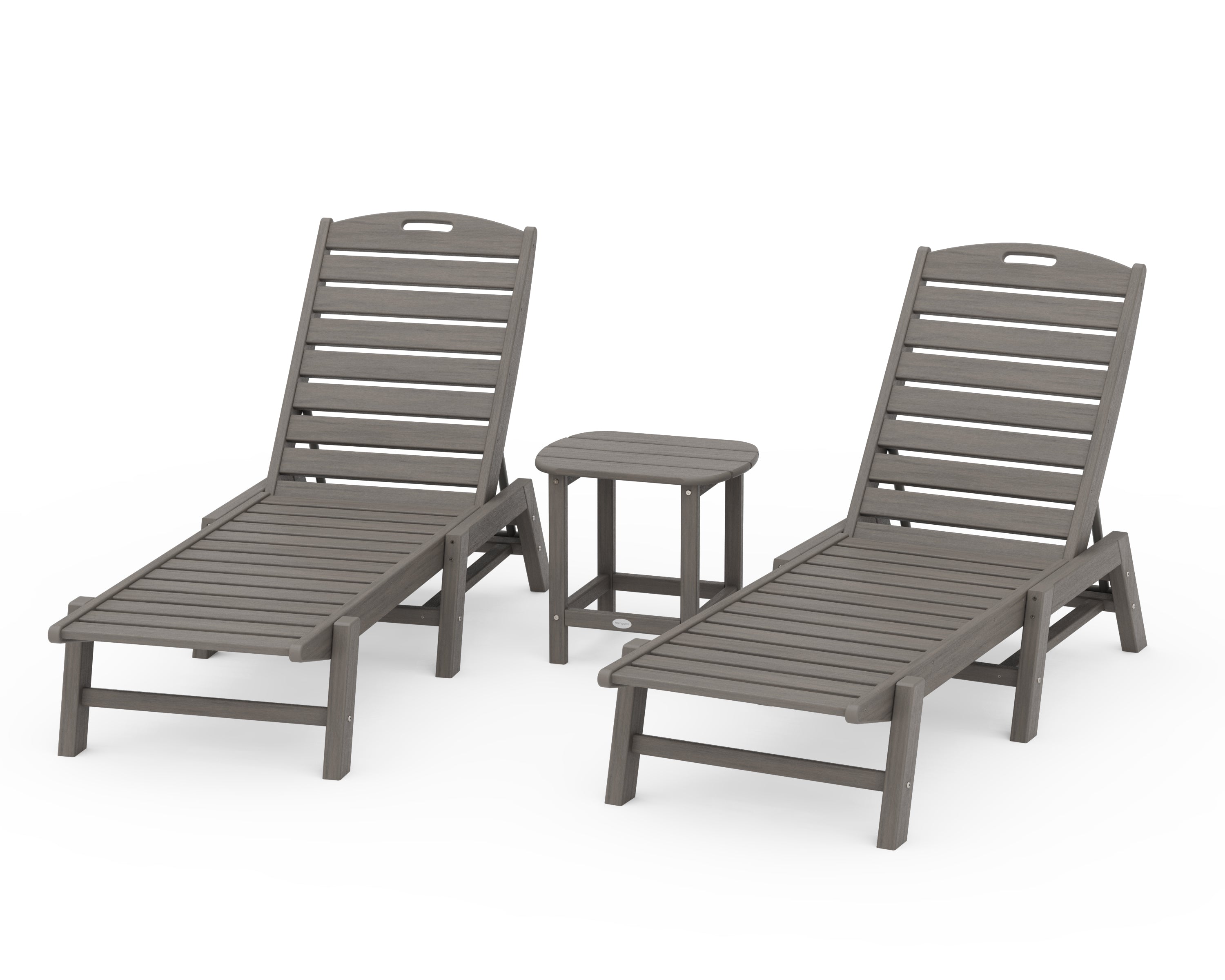 POLYWOOD Nautical 3-Piece Chaise Lounge Set with South Beach 18" Side Table in Driftwood