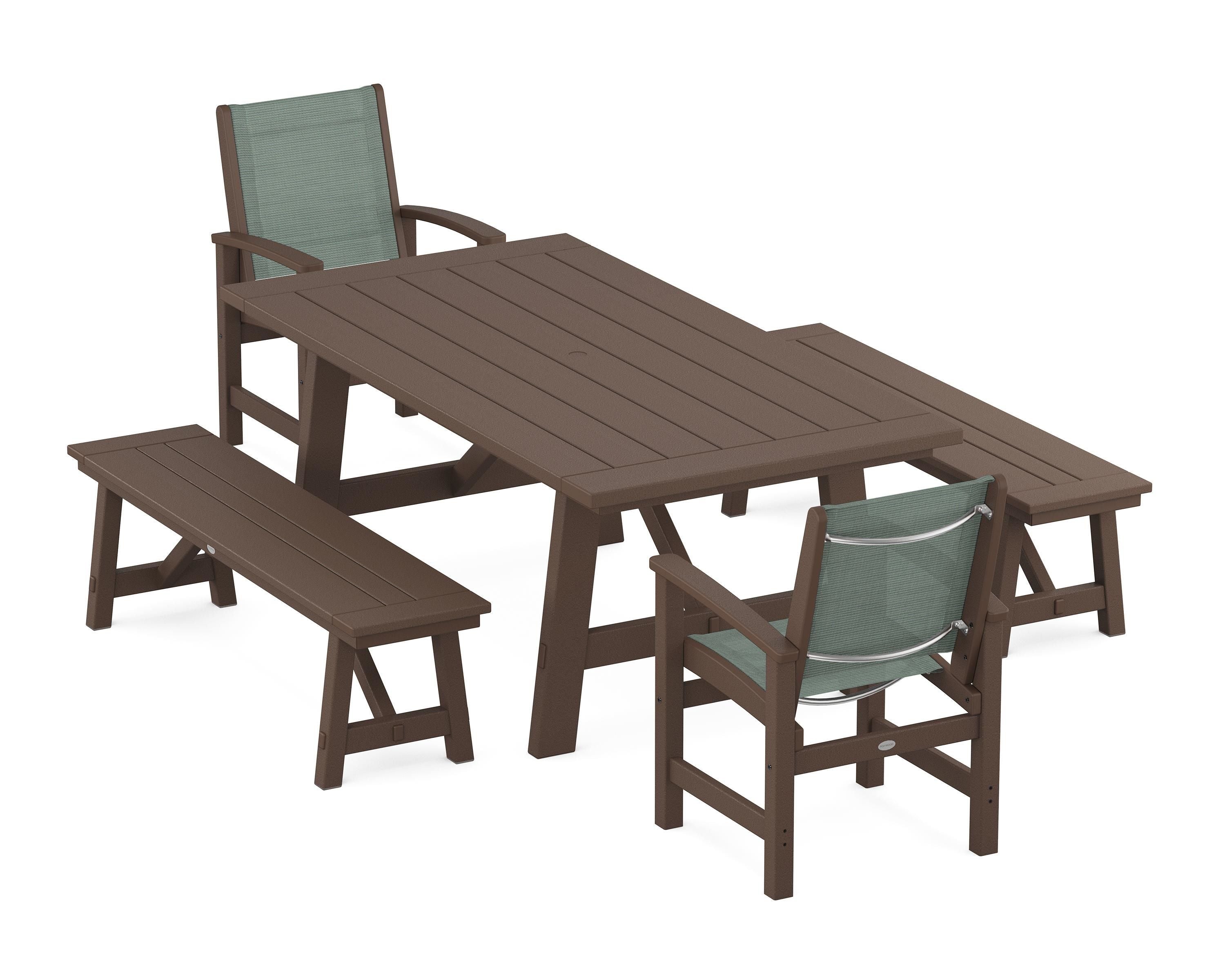 POLYWOOD Coastal 5-Piece Rustic Farmhouse Dining Set With Benches in Mahogany / Dupioni Sea Mist Sling