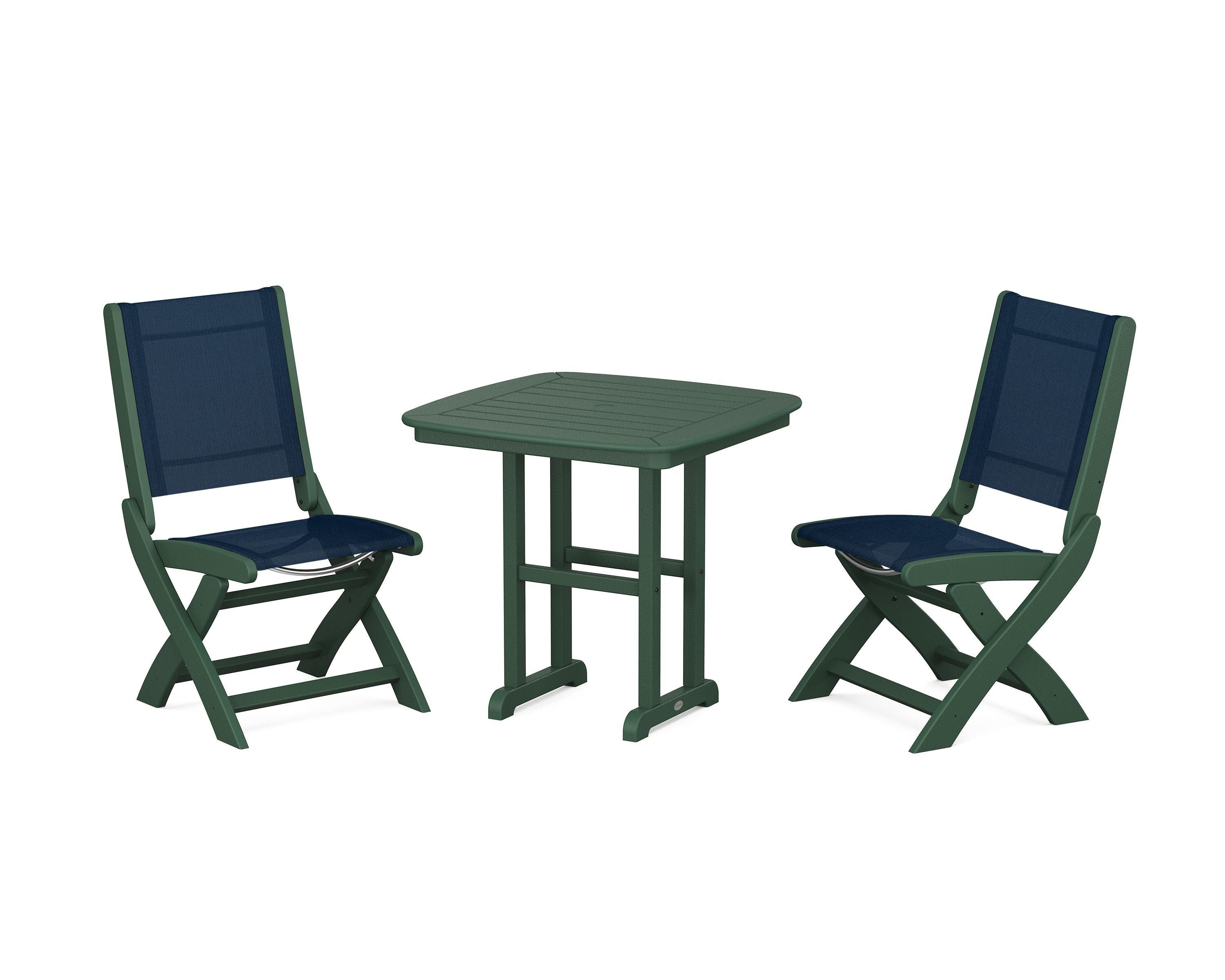 POLYWOOD Coastal Folding Side Chair 3-Piece Dining Set in Green / Navy Blue Sling