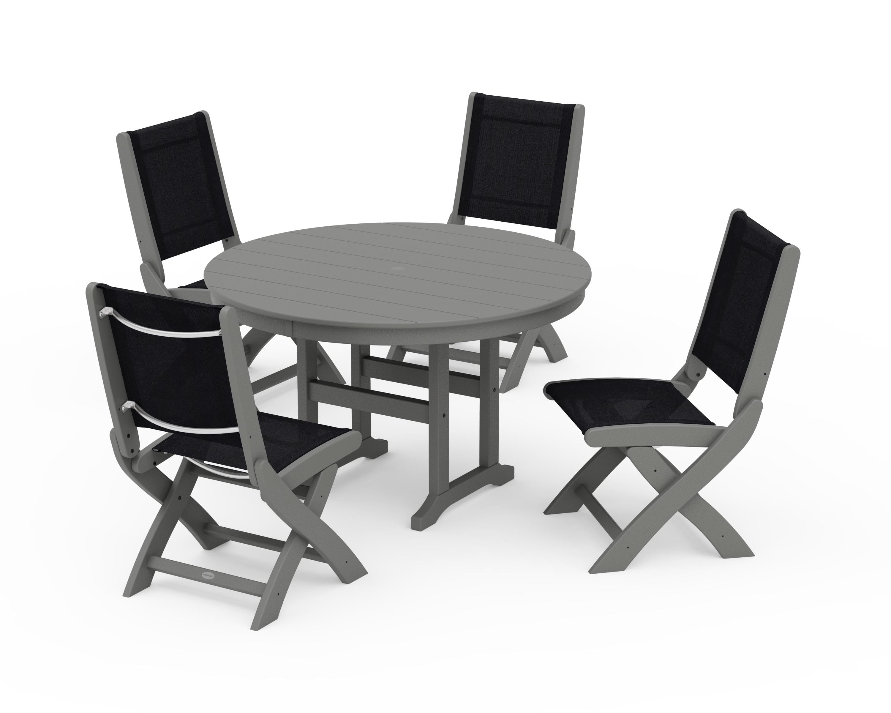 POLYWOOD Coastal Folding Side Chair 5-Piece Round Dining Set in Slate Grey / Black Sling