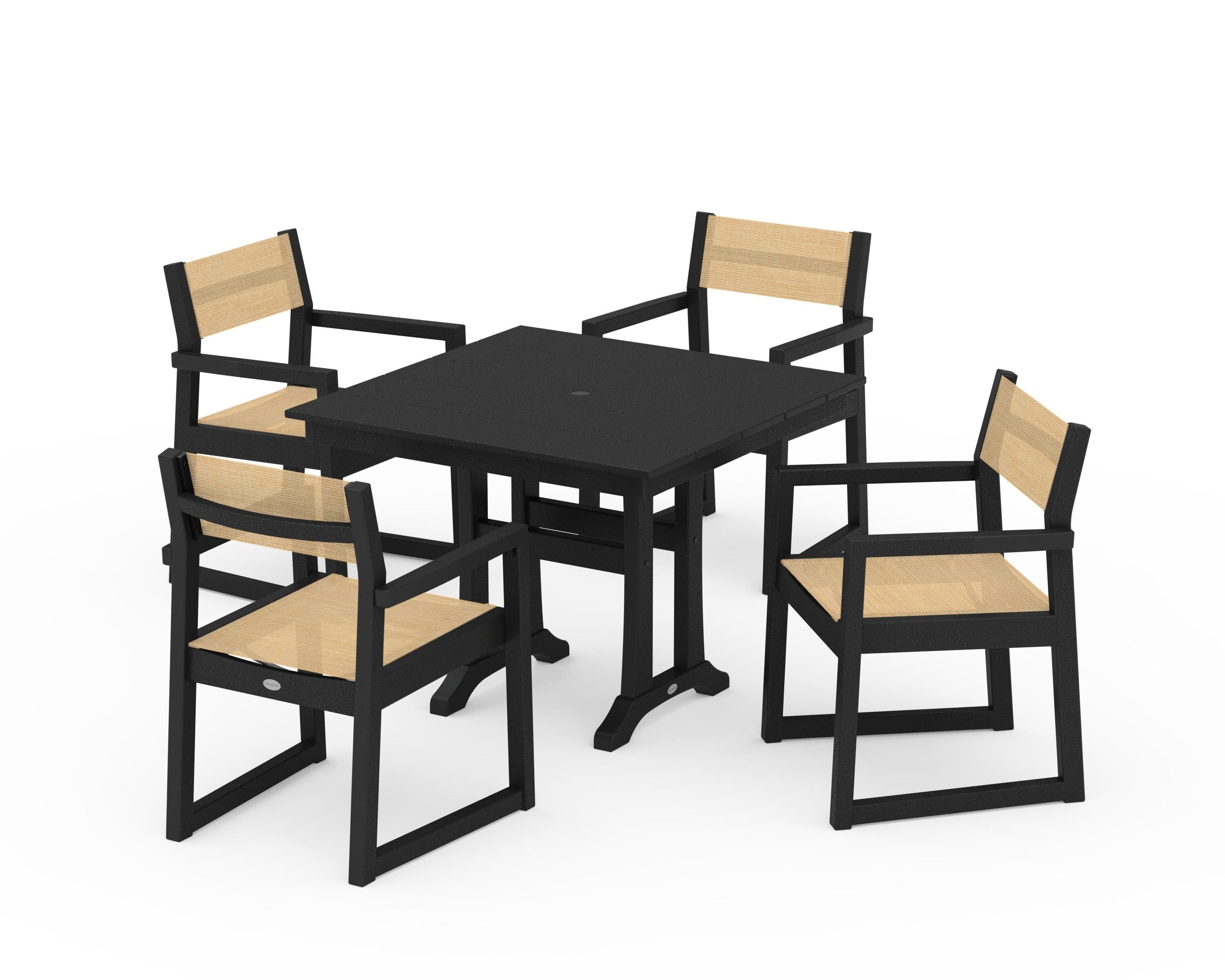 POLYWOOD EDGE Sling 5-Piece Farmhouse Dining Set with Trestle Legs in Black / Dupioni Apricot Sling