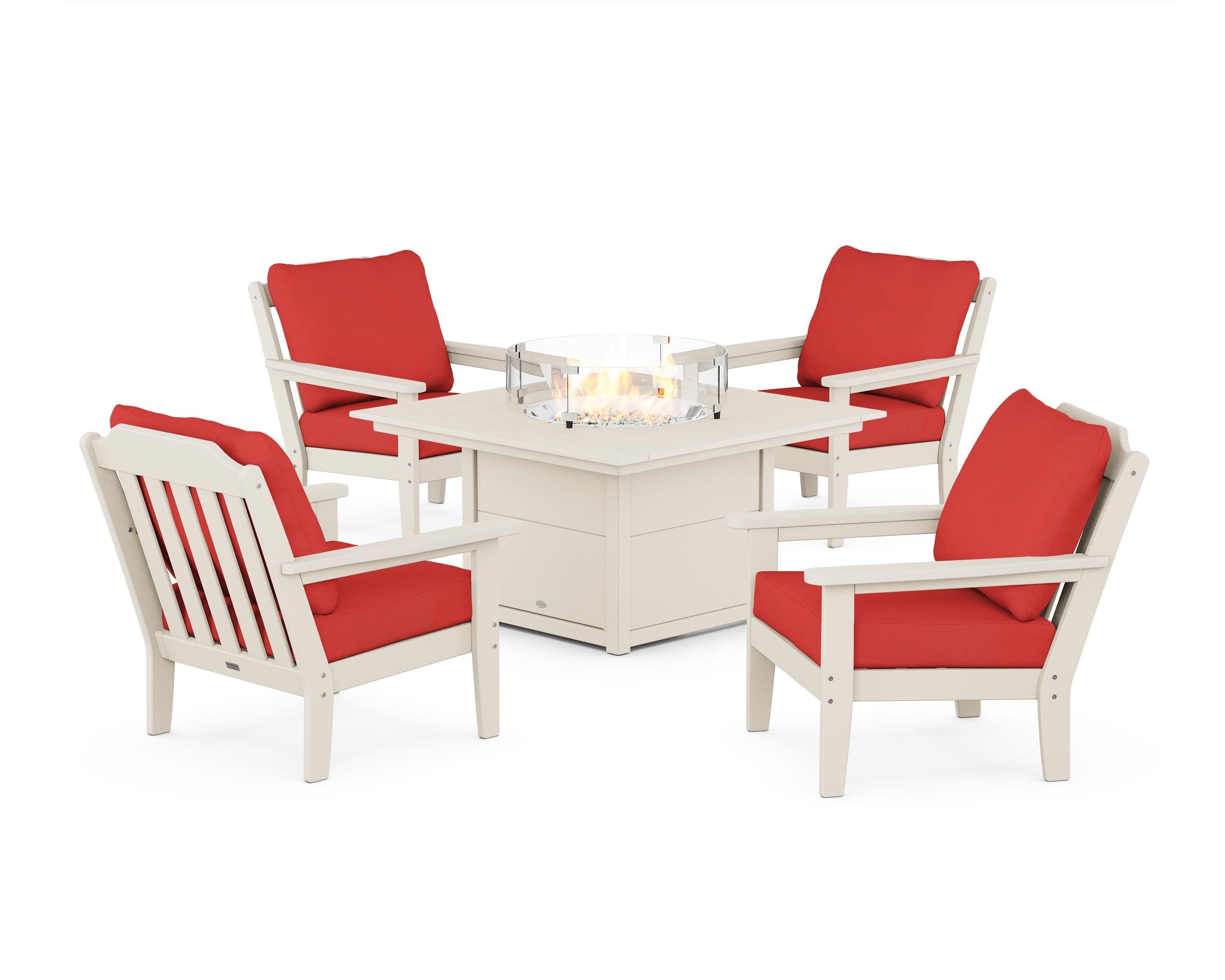 Country Living Cottage 5-Piece Deep Seating Set with Fire Pit Table in Sand / Crimson Linen