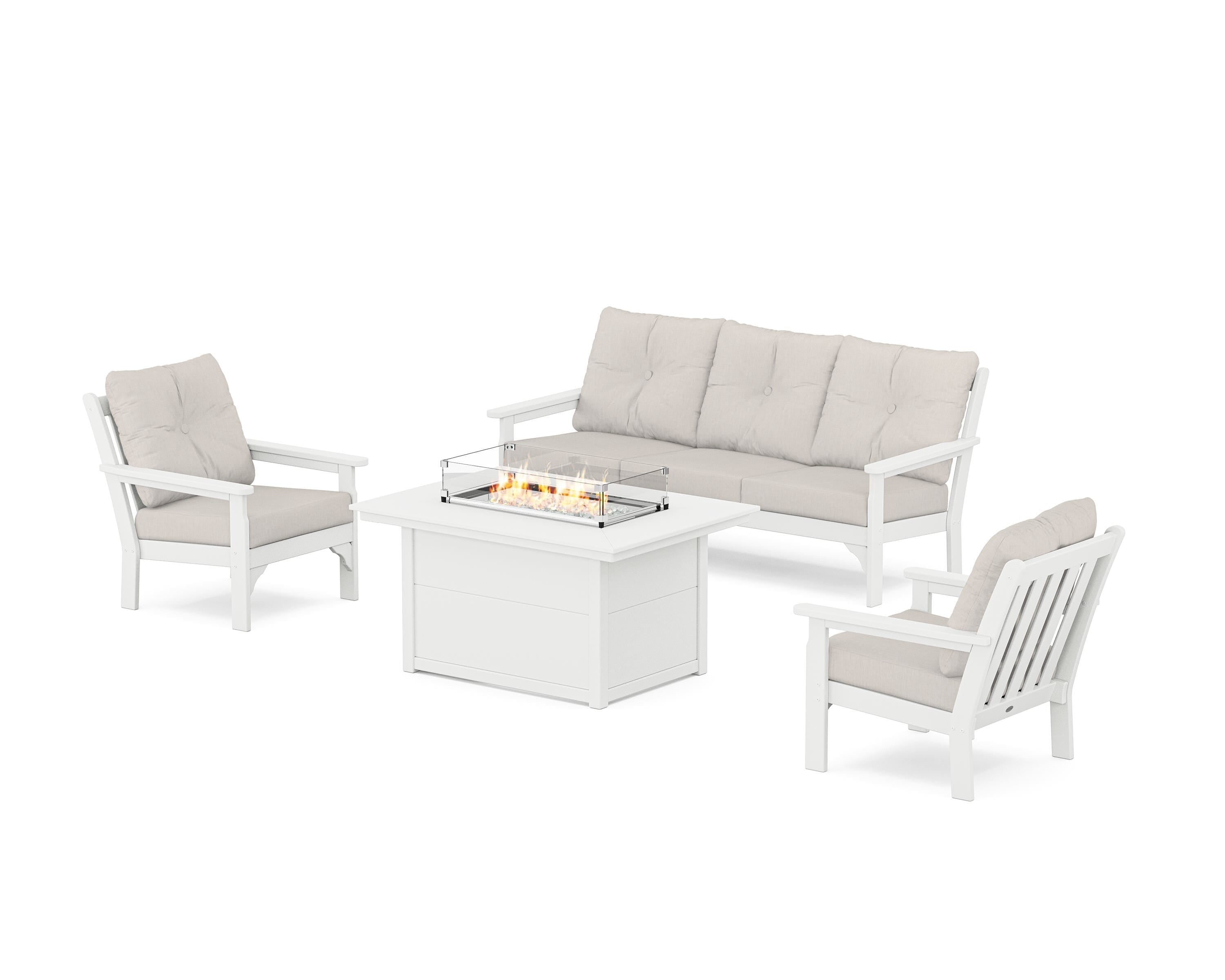 POLYWOOD Vineyard Deep Seating Fire Pit Table Set in White / Cast Ash