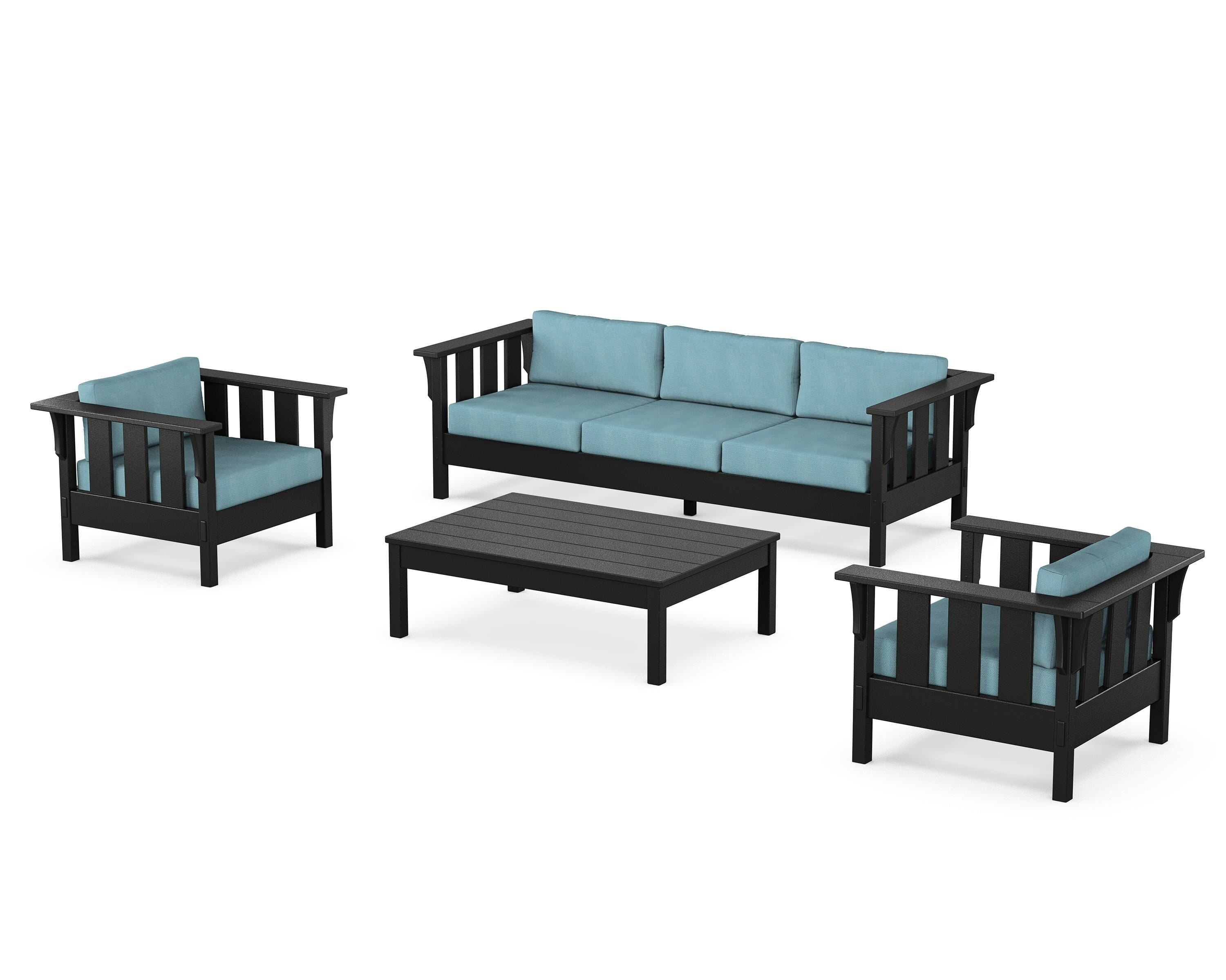 Martha Stewart by POLYWOOD Acadia 4-Piece Deep Seating Set with Sofa in Black / Lattice Sky Blue