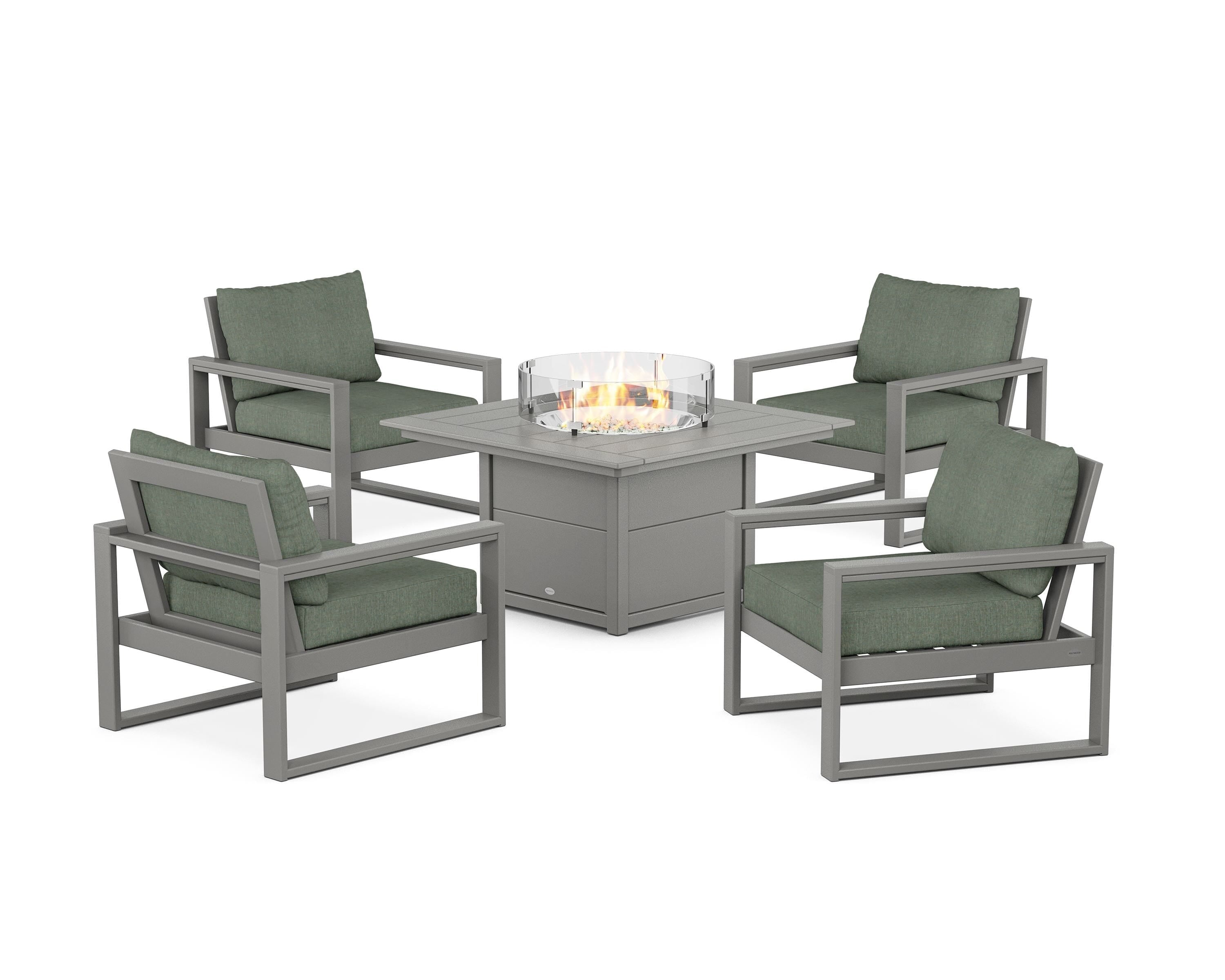 POLYWOOD EDGE Sectional 5-Piece Deep Seating Set with Fire Pit Table in Slate Grey / Cast Sage