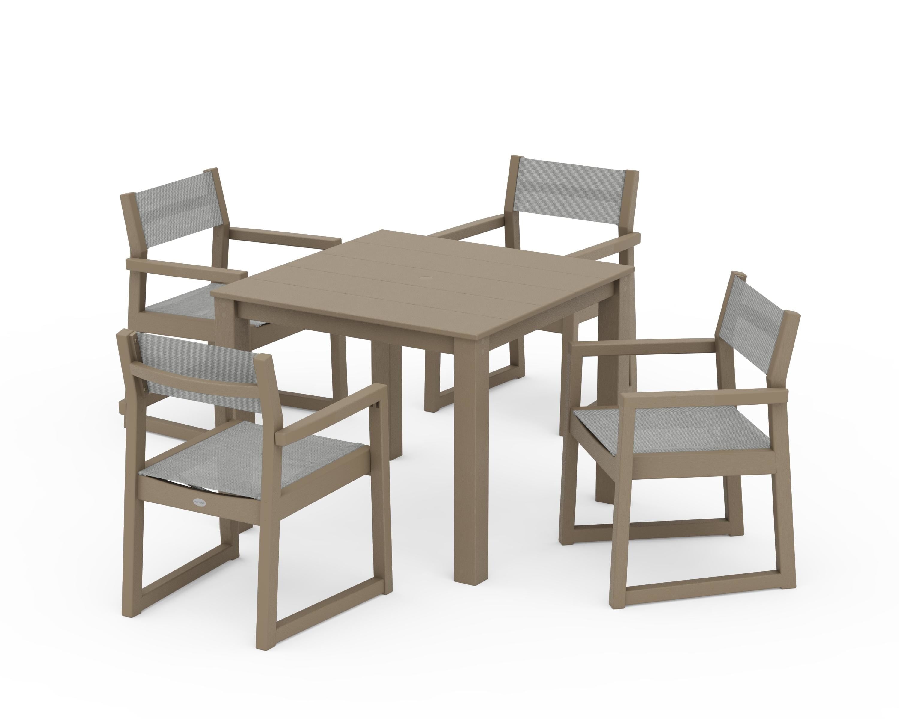 POLYWOOD EDGE Sling Arm Chair 5-Piece Parsons Dining Set in Vintage Sahara / Metallic Sling