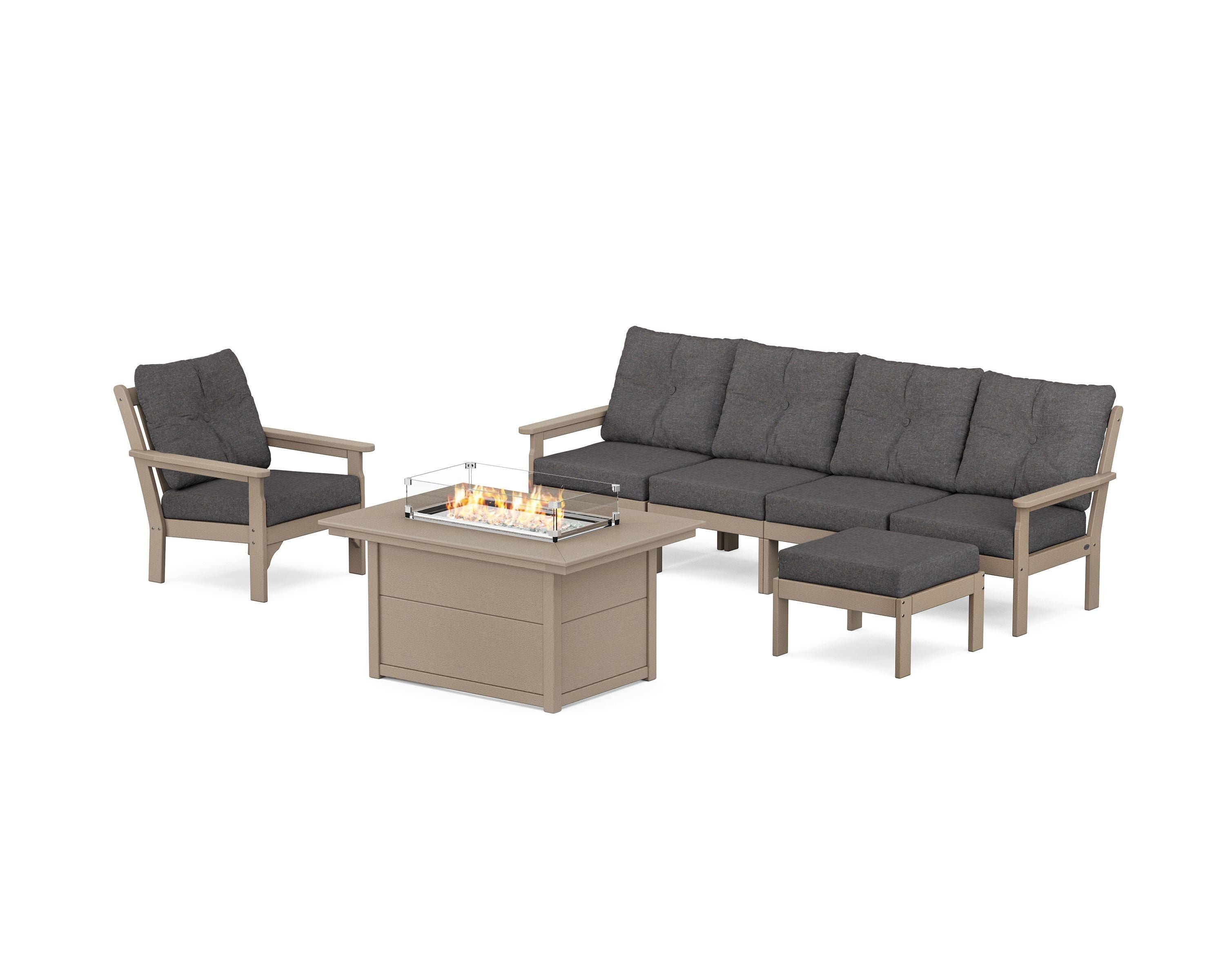 POLYWOOD Vineyard Sectional Lounge and Fire Pit Set in Vintage Sahara / Ash Charcoal