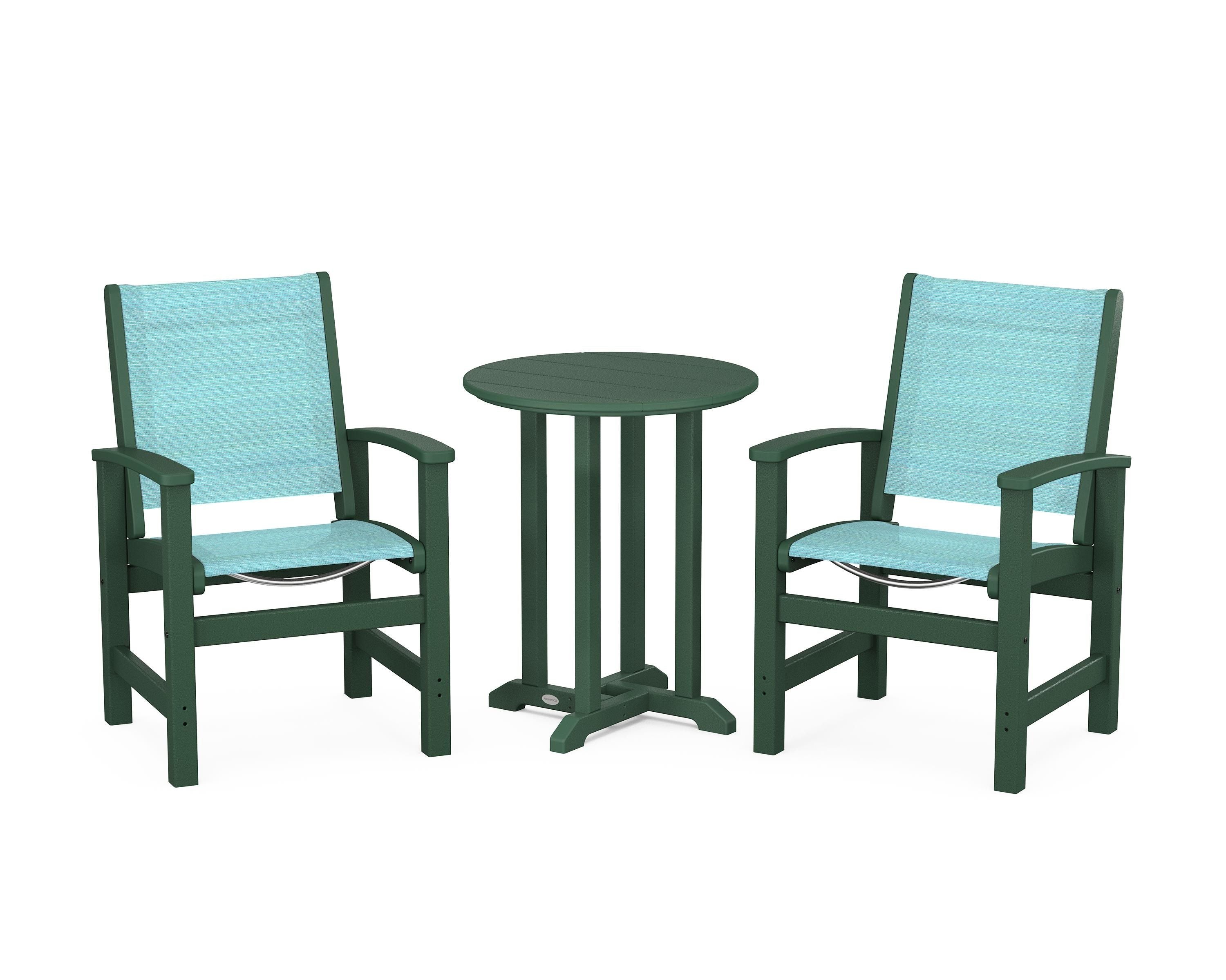 POLYWOOD Coastal 3-Piece Round Bistro Dining Set in Green / Dupioni Aquamarine Sling