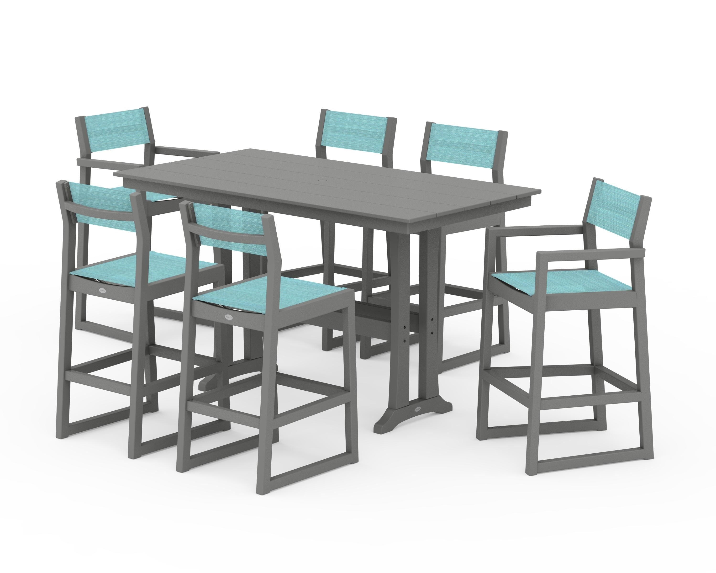 POLYWOOD EDGE Sling 7-Piece Farmhouse Bar Set with Trestle Legs in Slate Grey / Dupioni Aquamarine Sling