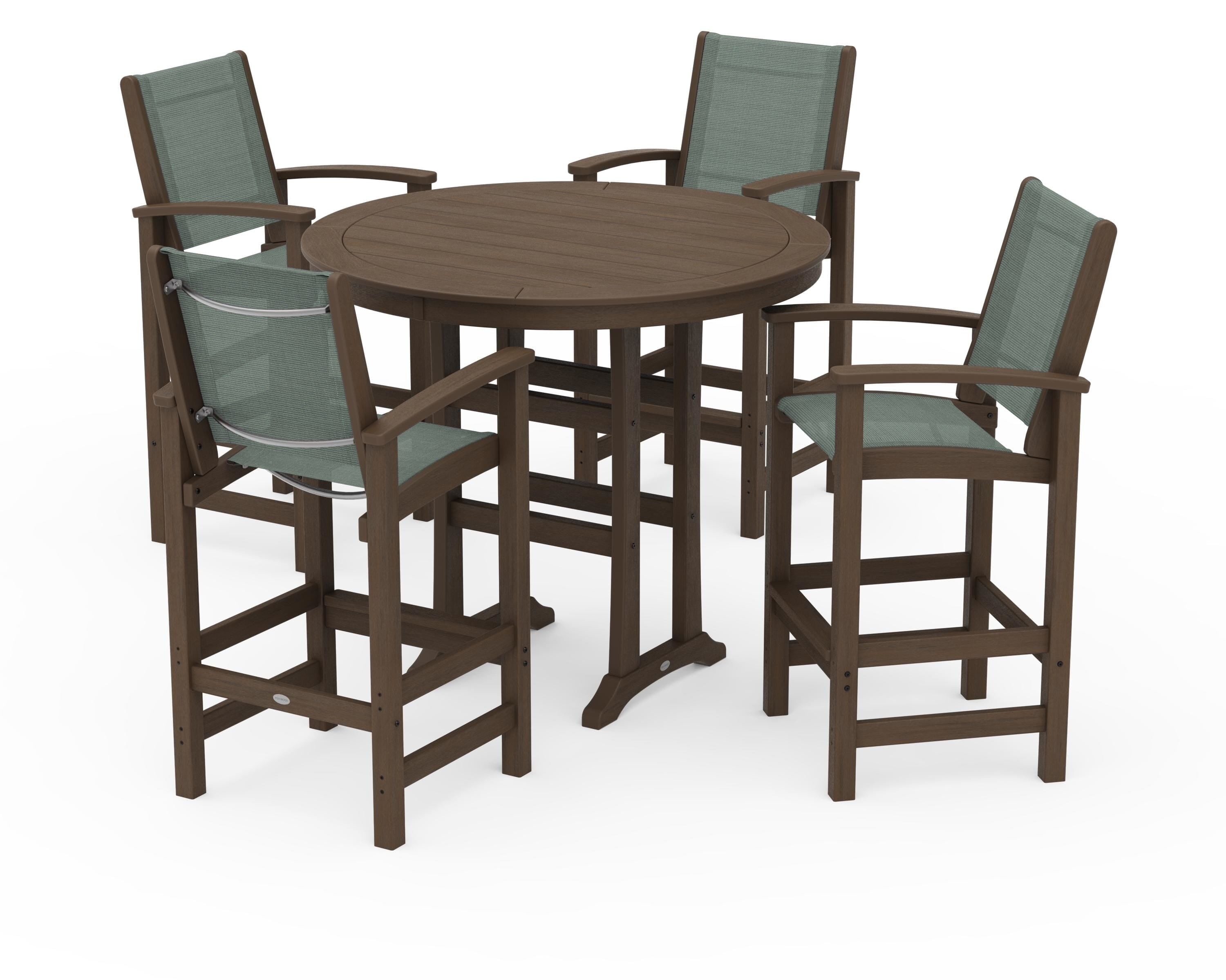 POLYWOOD Coastal 5-Piece Nautical Trestle Bar Set in Kona / Dupioni Sea Mist Sling