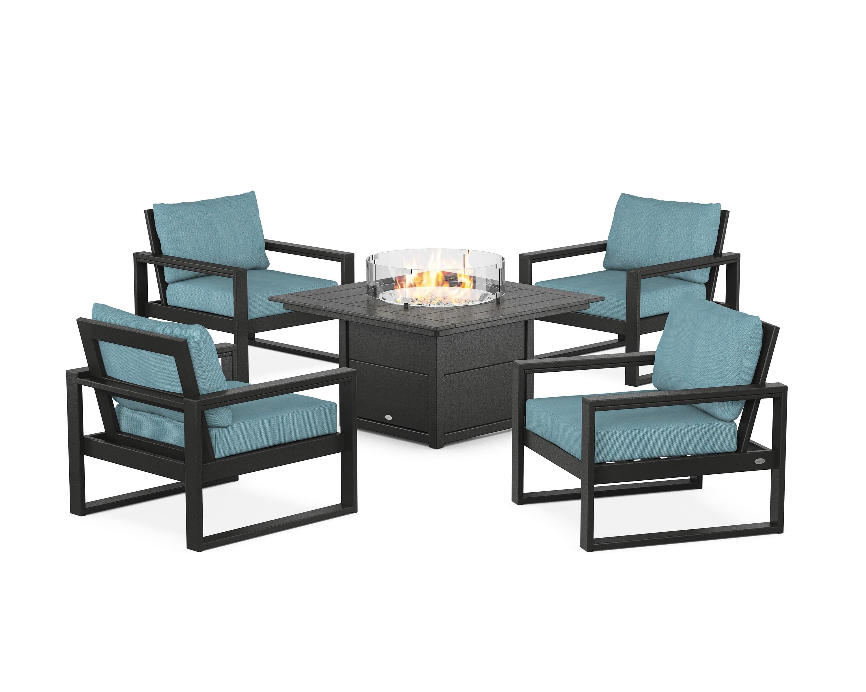 POLYWOOD EDGE Sectional 5-Piece Deep Seating Set with Fire Pit Table in Black / Lattice Sky Blue