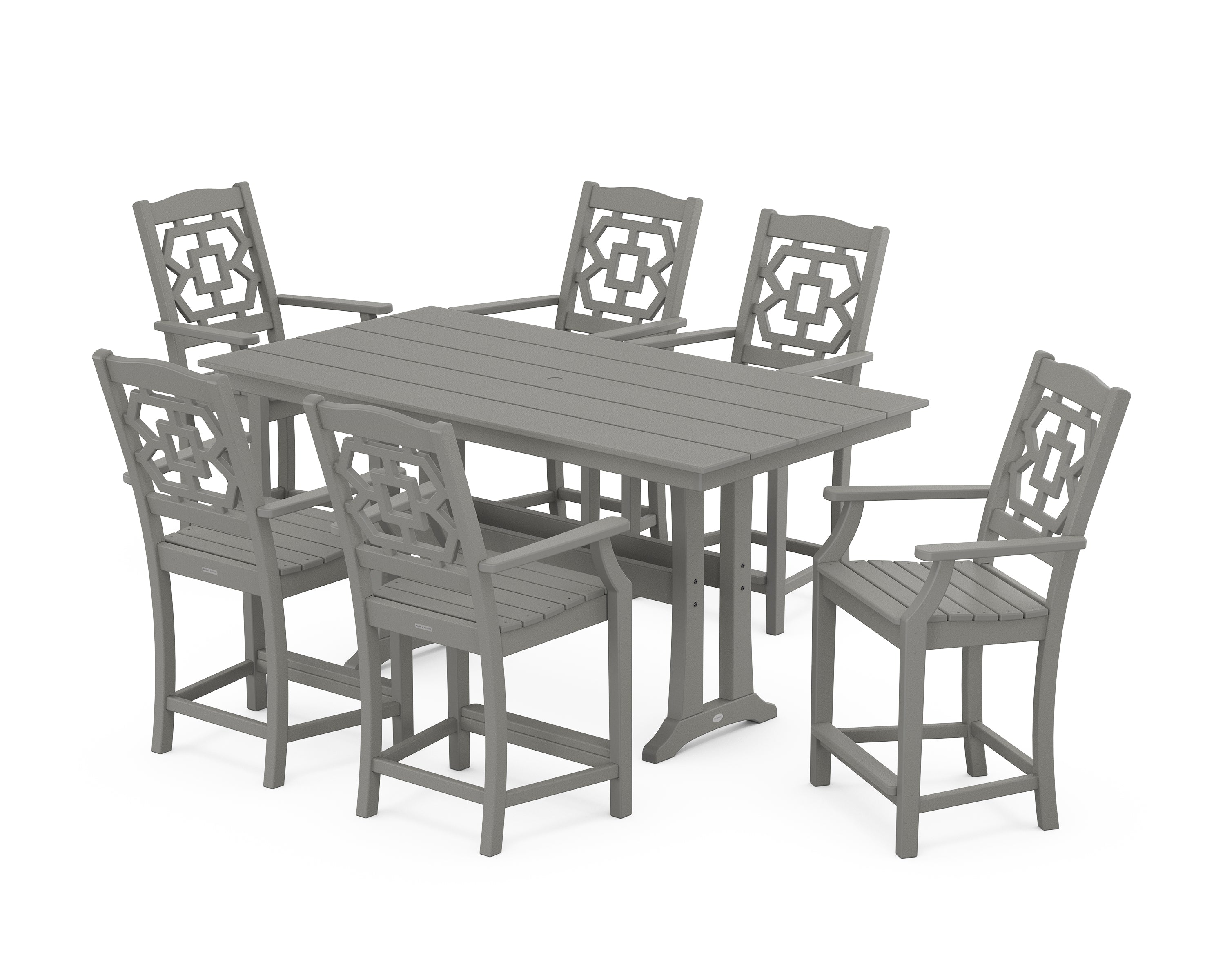 Martha Stewart by POLYWOOD® Chinoiserie Arm Chair 7-Piece Farmhouse Counter Set with Trestle Legs in Slate Grey