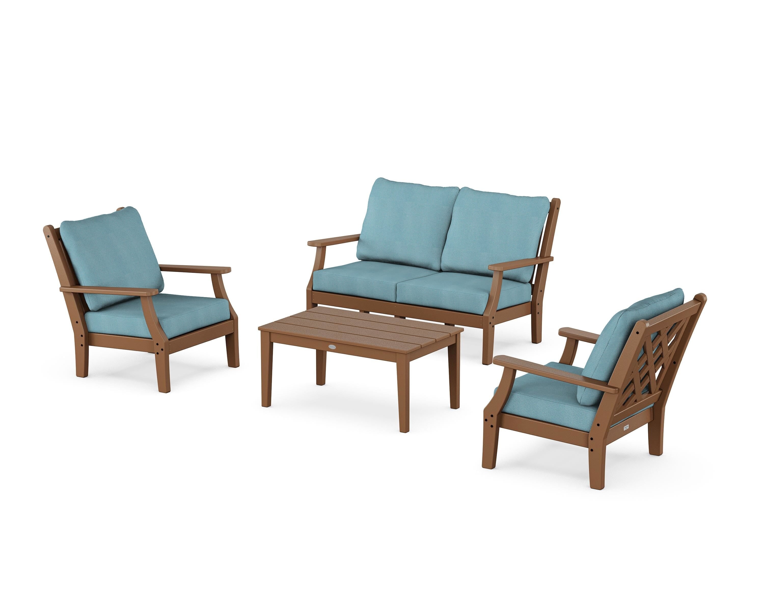 Country Living Wovendale 4-Piece Deep Seating Set with Loveseat in Teak / Lattice Sky Blue