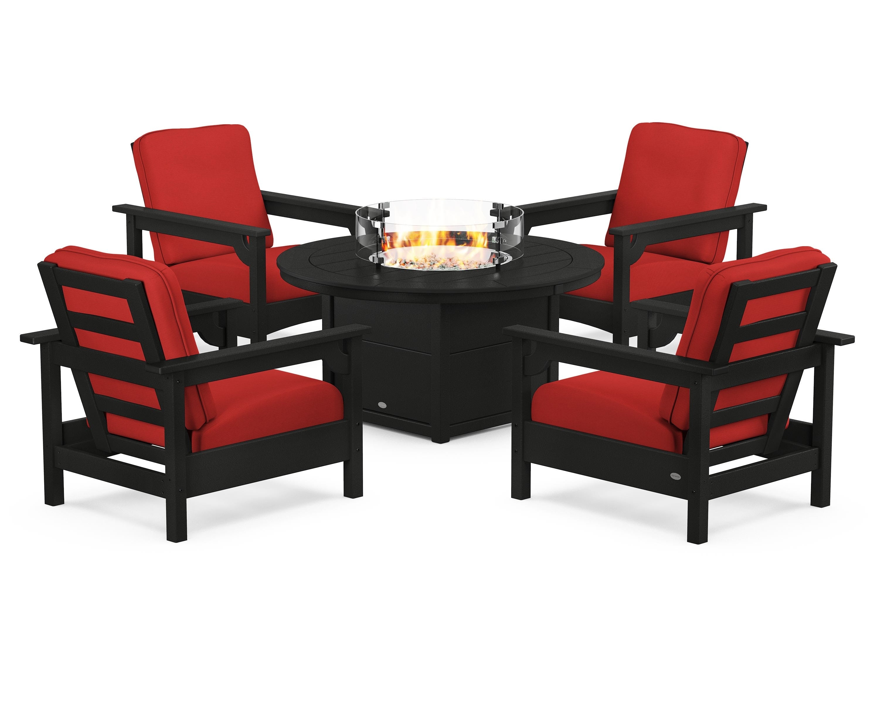 POLYWOOD Club 5-Piece Conversation Set with Fire Pit Table in Black / Crimson Linen