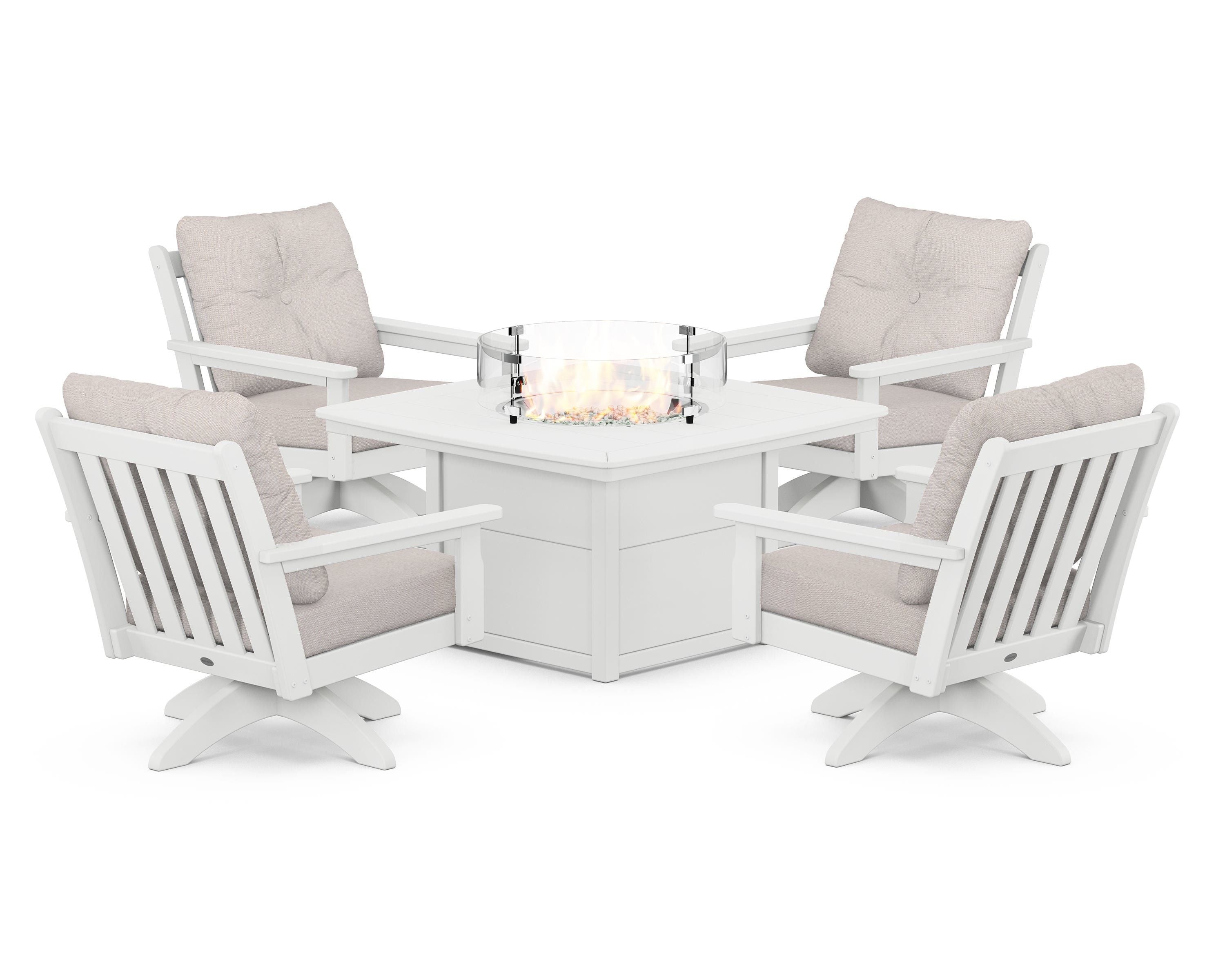 POLYWOOD Vineyard 5-Piece Deep Seating Swivel Conversation Set with Fire Pit Table in White / Dune Burlap