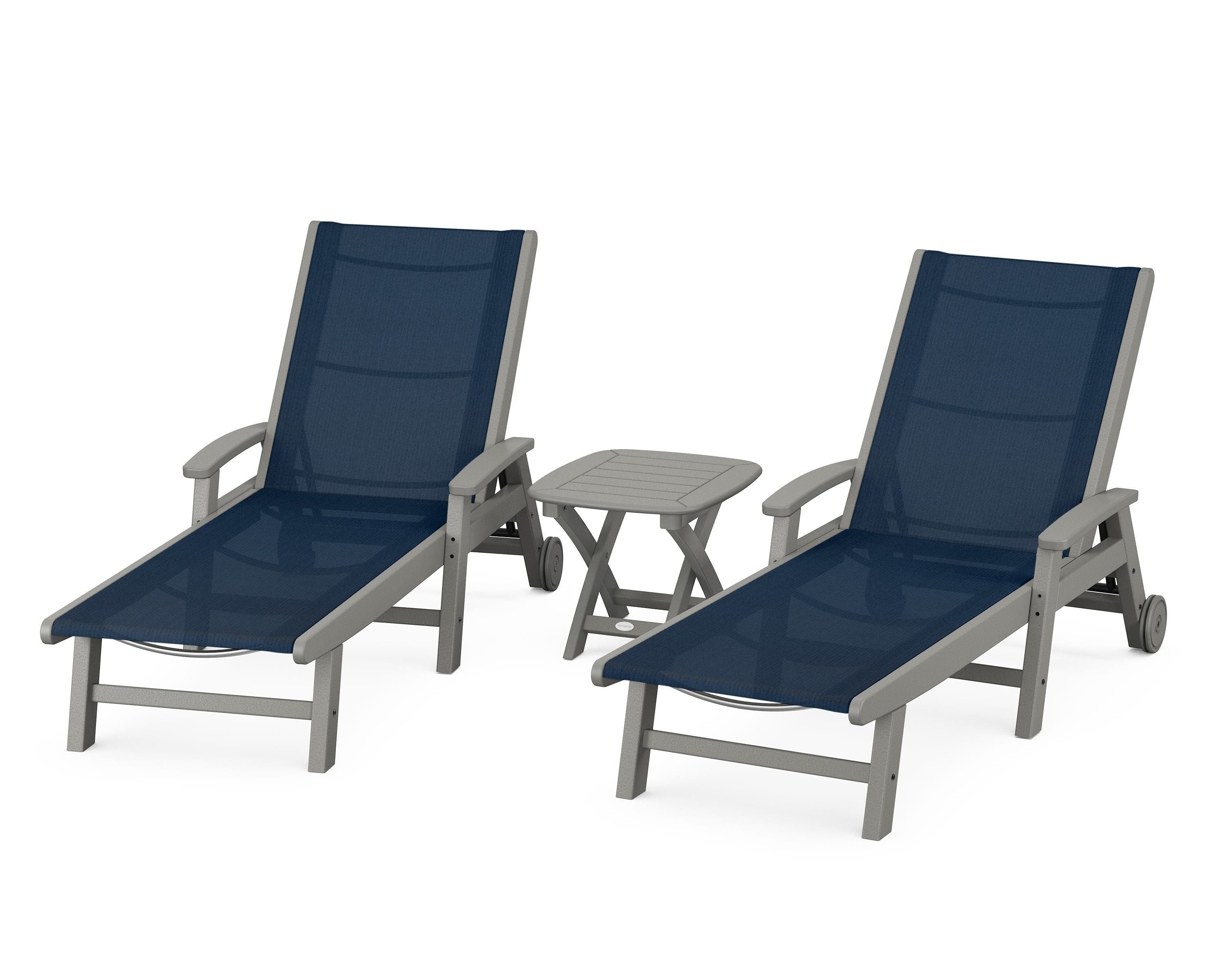 POLYWOOD Coastal 3-Piece Wheeled Chaise Set in Slate Grey / Navy Blue Sling