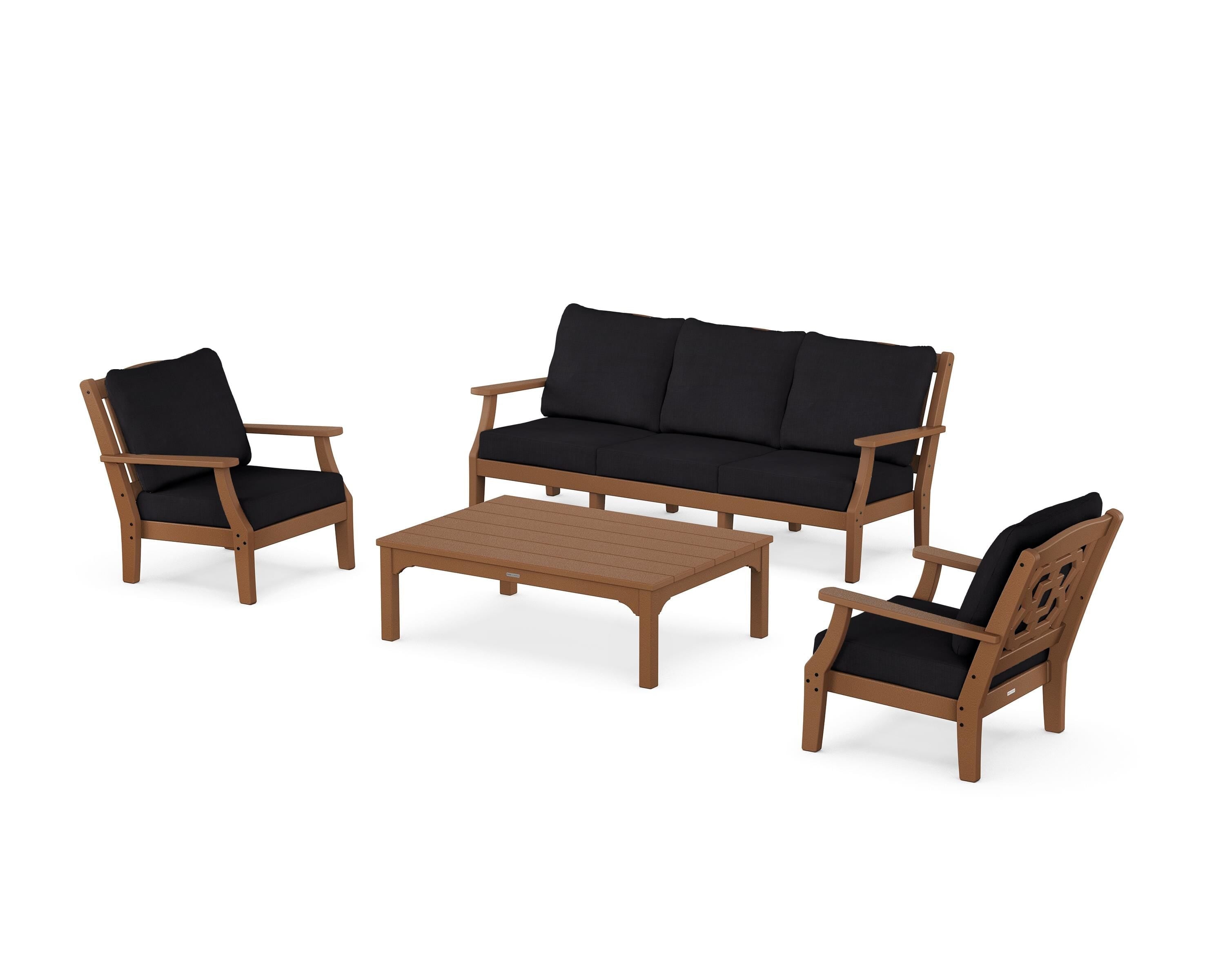 Martha Stewart by POLYWOOD Chinoiserie 4-Piece Deep Seating Set with Sofa in Teak / Midnight Linen
