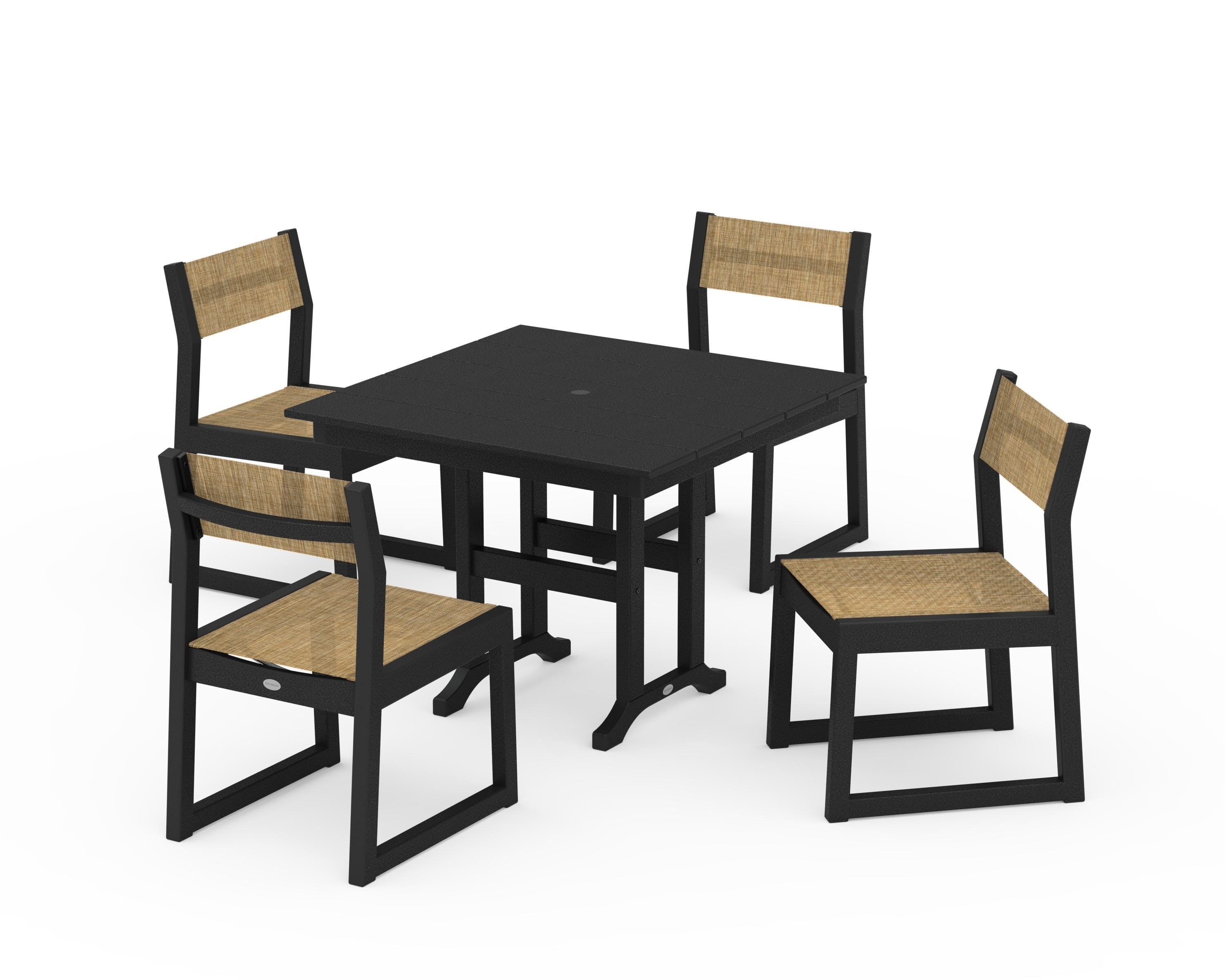POLYWOOD EDGE Sling Side Chair 5-Piece Farmhouse Dining Set in Black / Burlap Sling