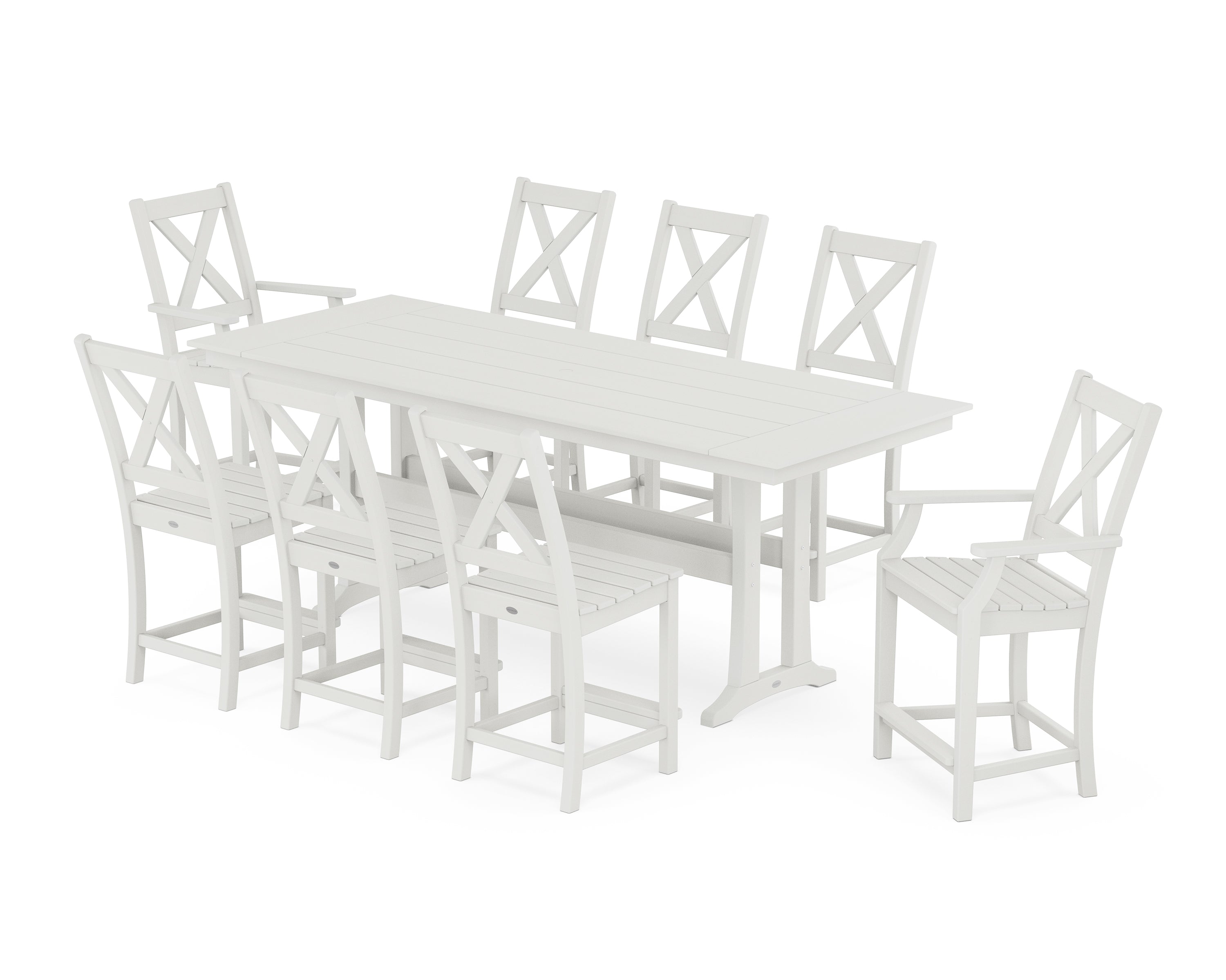 POLYWOOD Braxton 9-Piece Farmhouse Counter Set with Trestle Legs in Vintage White