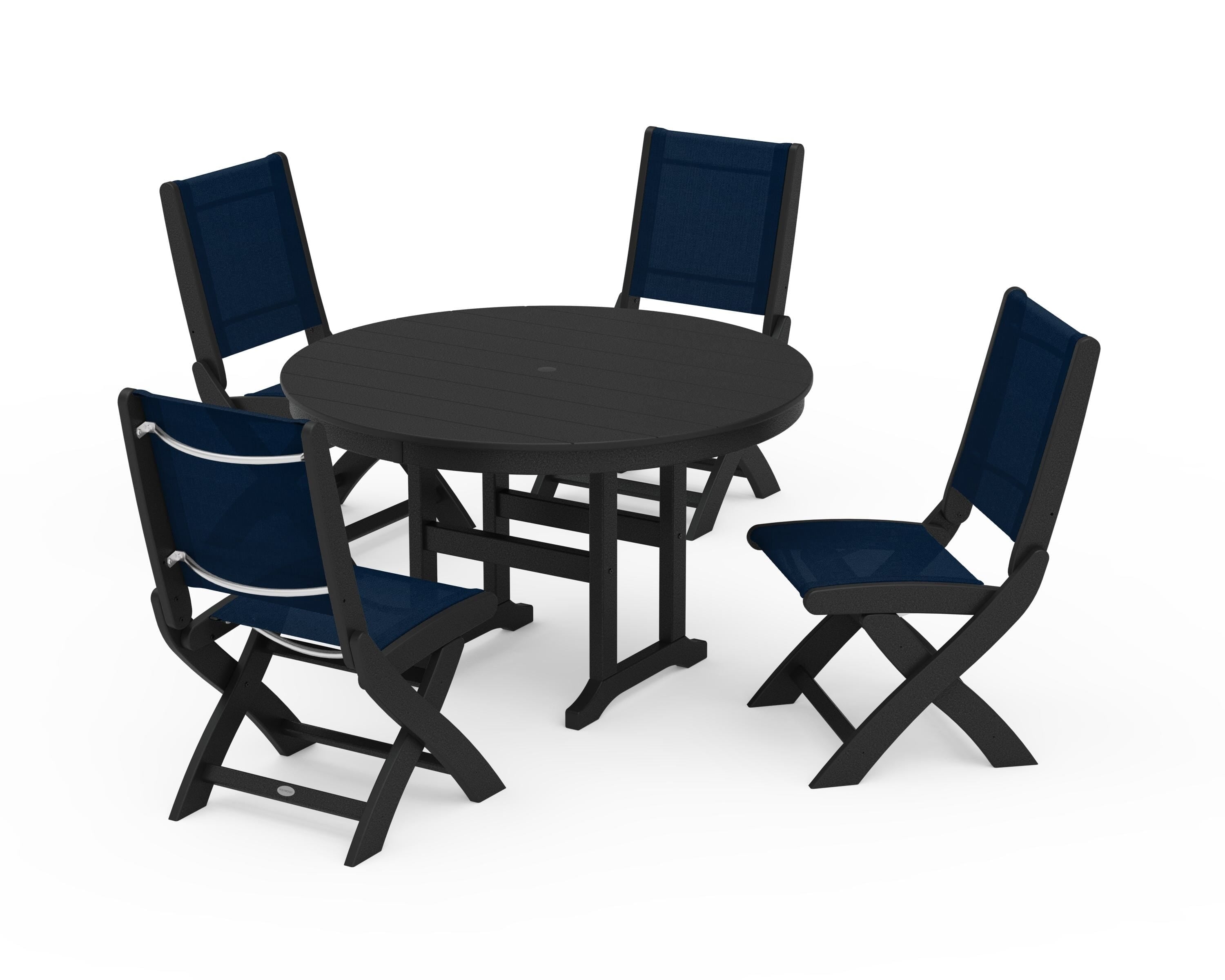 POLYWOOD Coastal Folding Side Chair 5-Piece Round Dining Set in Black / Navy Blue Sling