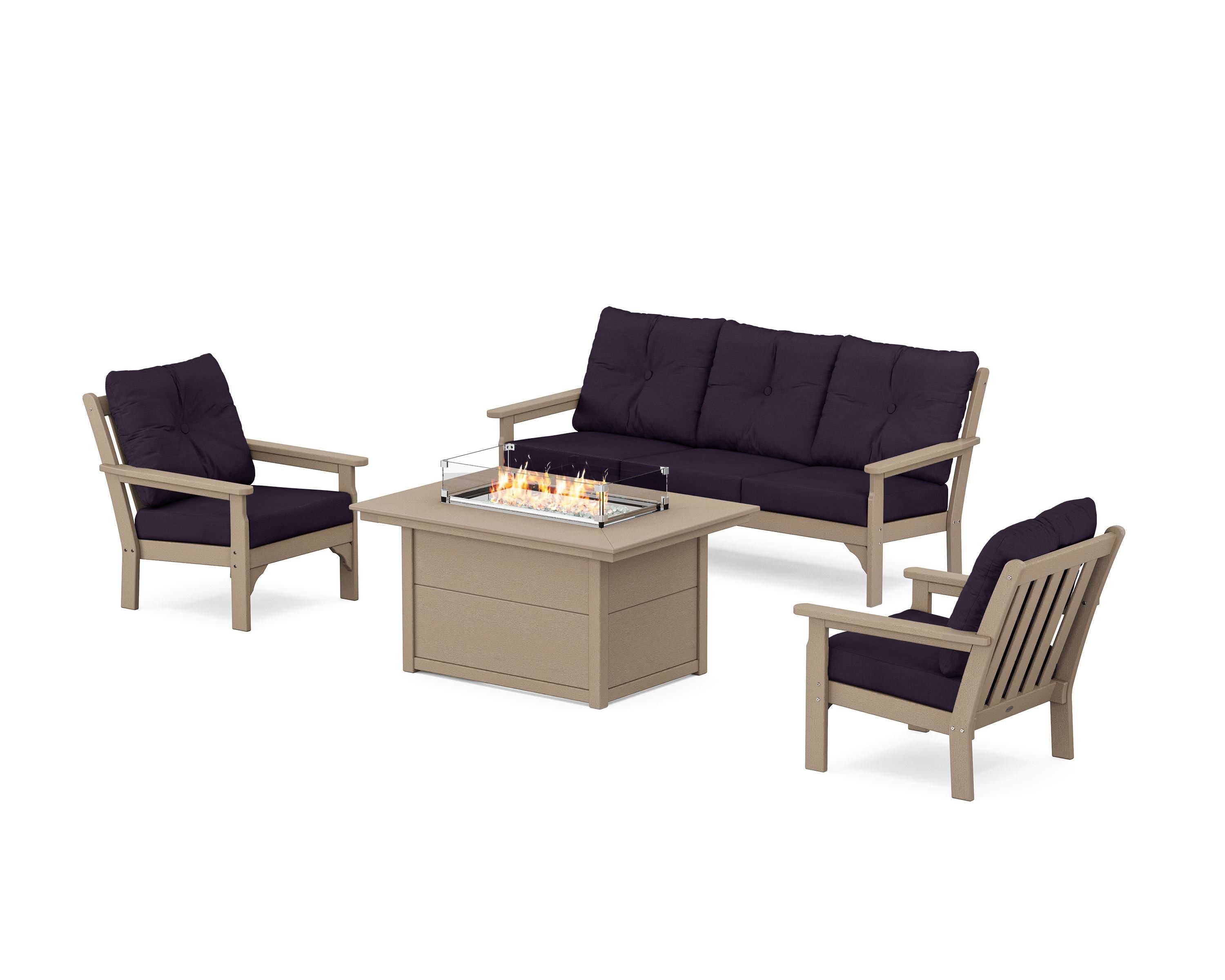 POLYWOOD Vineyard Deep Seating Fire Pit Table Set in Vintage Sahara / Navy Linen