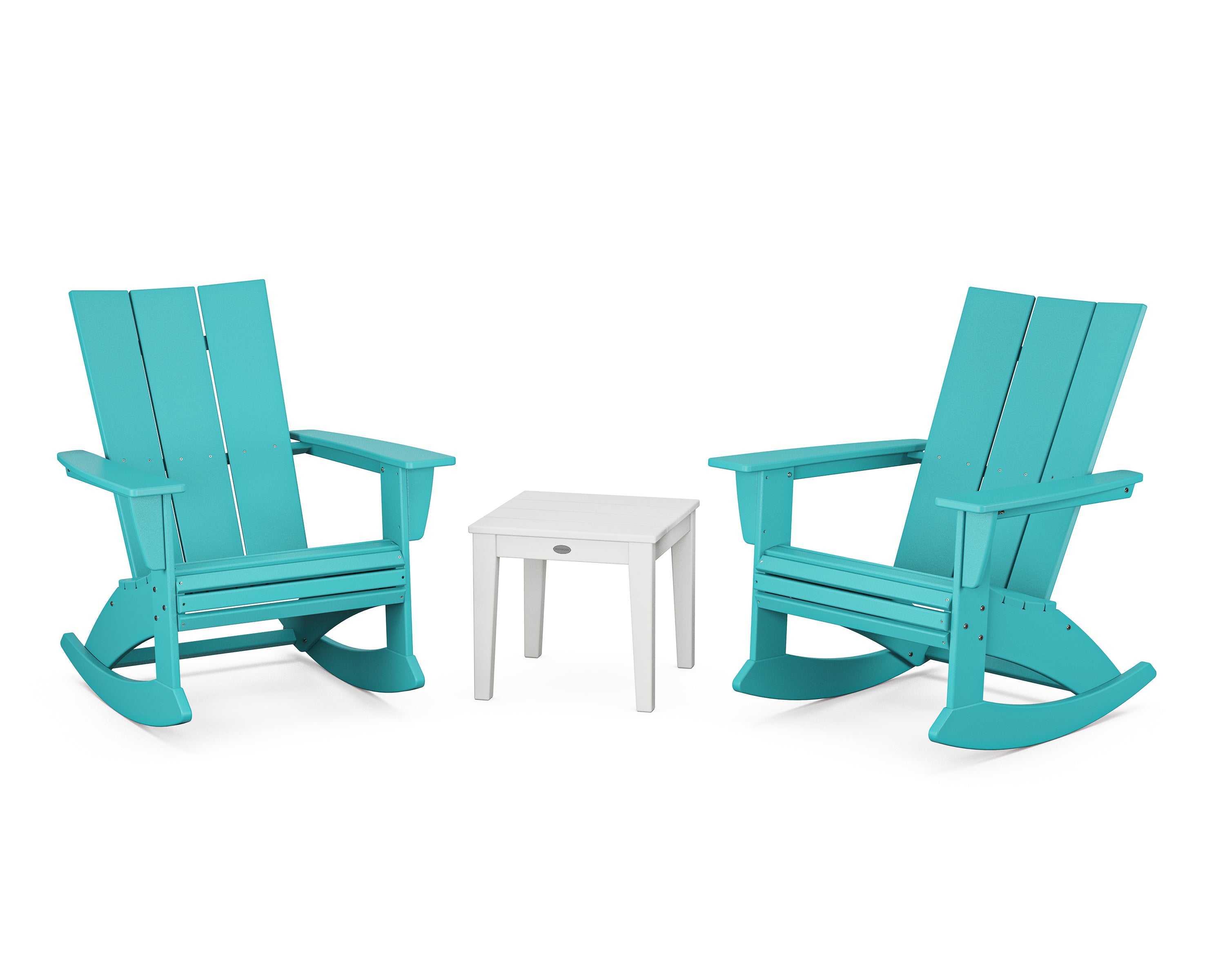 POLYWOOD® Modern Curveback 3-Piece Adirondack Rocking Chair Set in Aruba / White