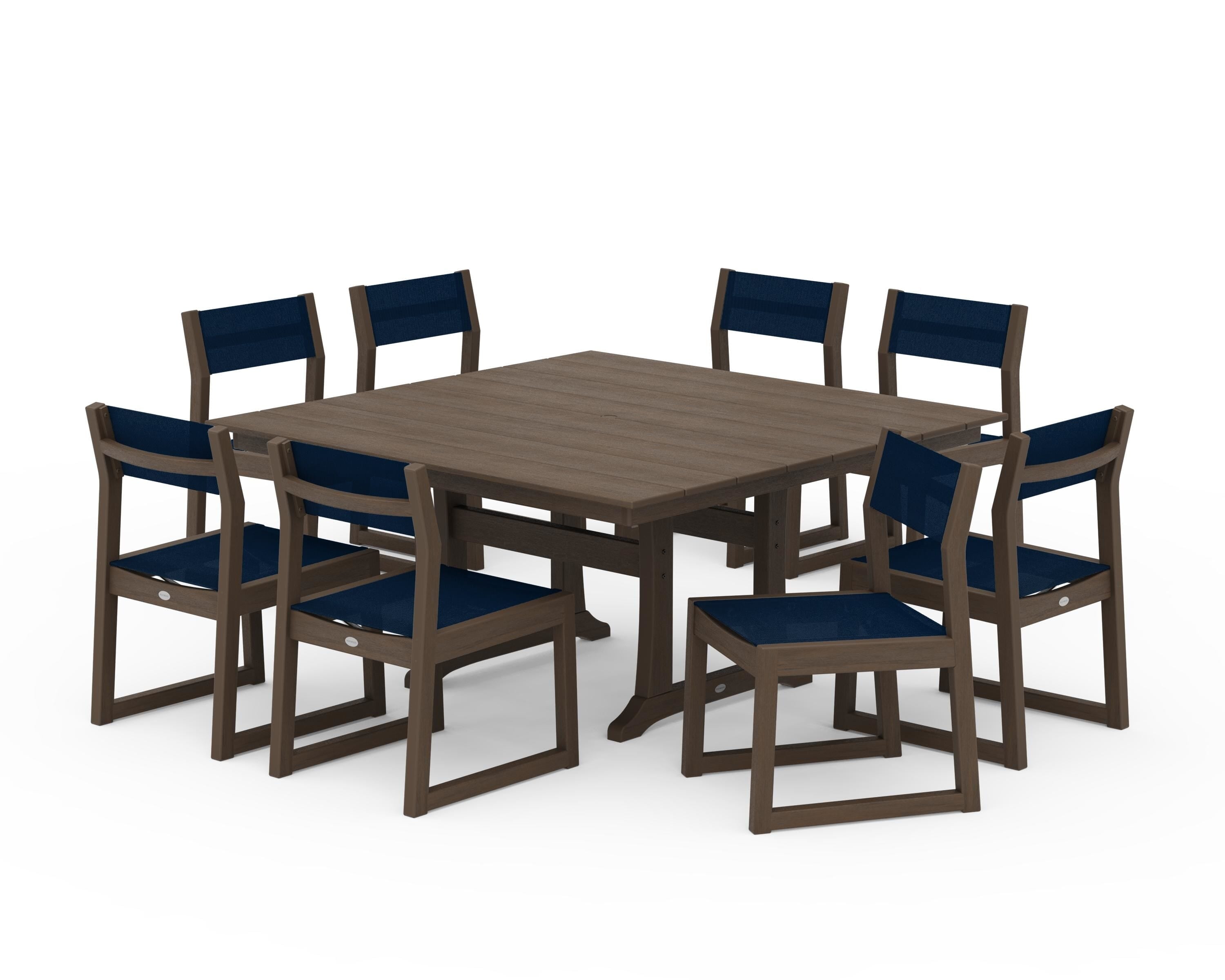 POLYWOOD EDGE Sling Side Chair 9-Piece Farmhouse Trestle Dining Set in Kona / Navy Blue Sling