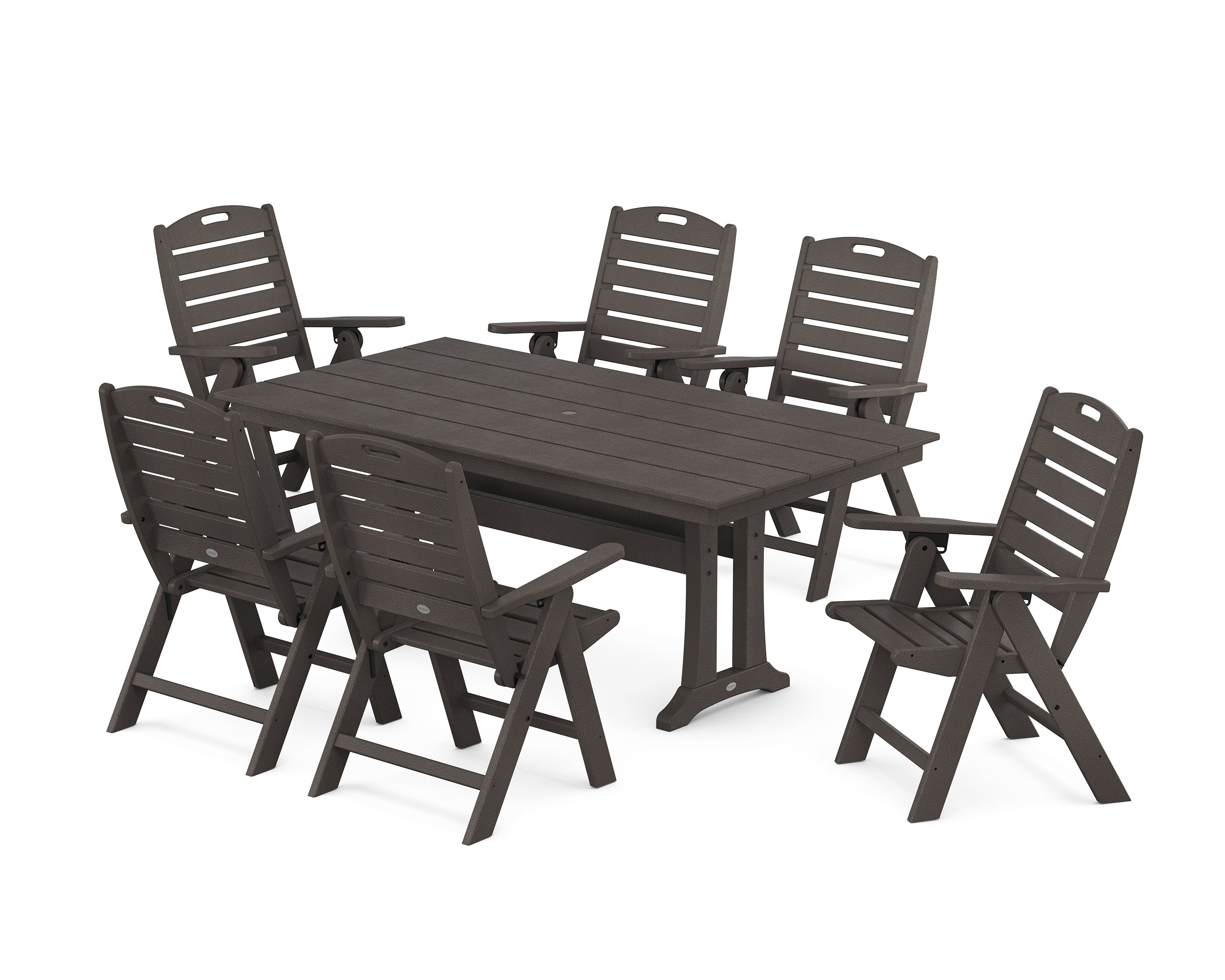 POLYWOOD Nautical Highback 7-Piece Farmhouse Dining Set with Trestle Legs in Vintage Coffee