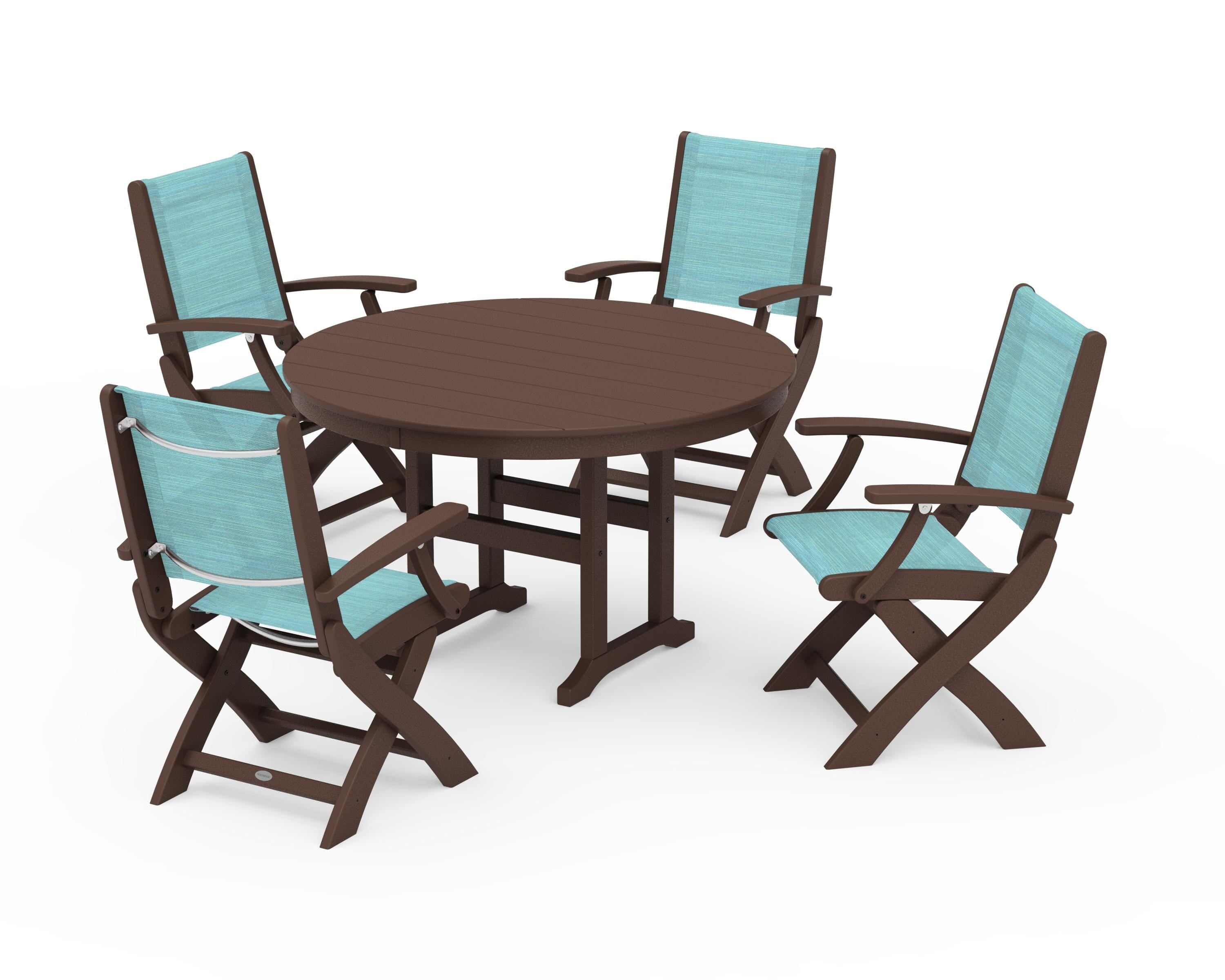 POLYWOOD Coastal Folding Chair 5-Piece Round Dining Set in Mahogany / Dupioni Aquamarine Sling