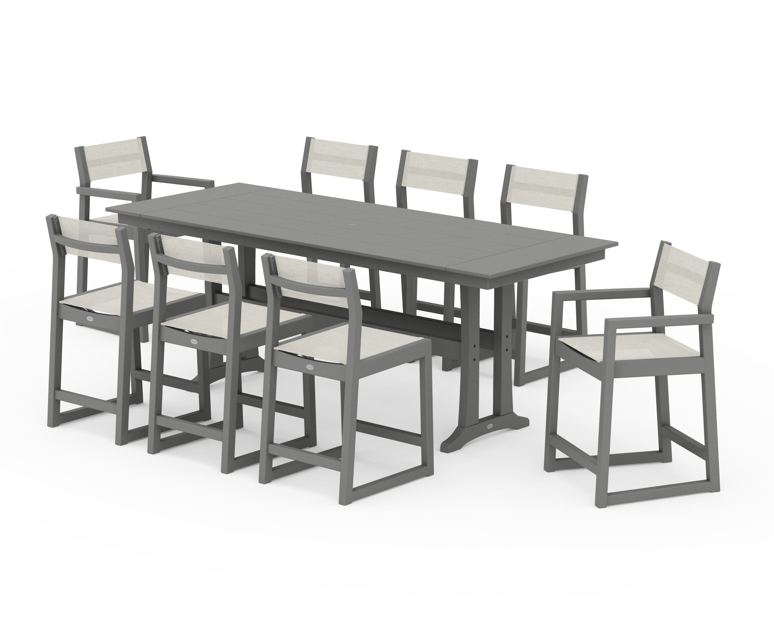 POLYWOOD EDGE Sling 9-Piece Farmhouse Counter Set with Trestle Legs in Slate Grey / Parchment Sling