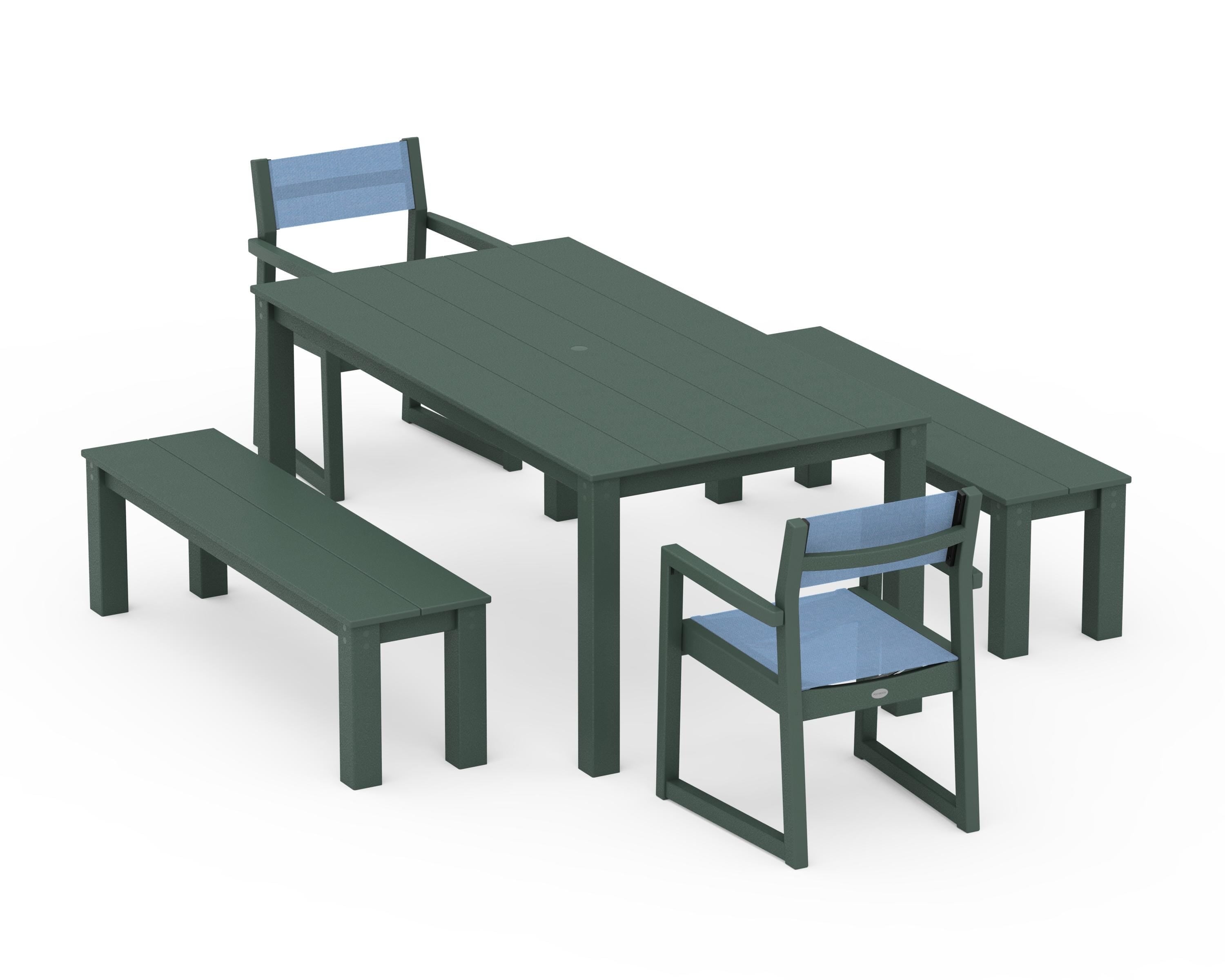 POLYWOOD EDGE Sling Arm Chair 5-Piece Parsons Dining Set with Benches in Green / Poolside Sling