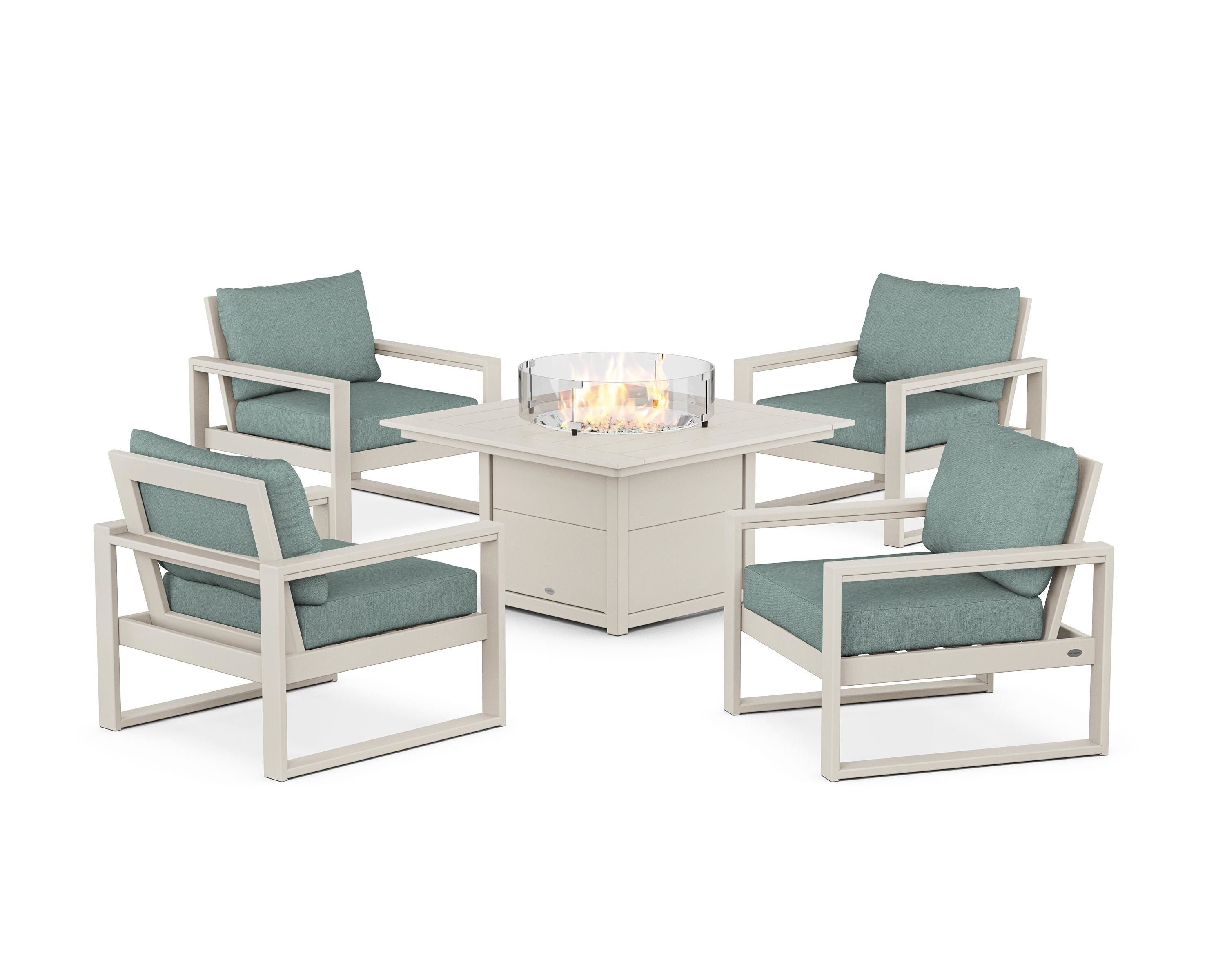POLYWOOD EDGE Sectional 5-Piece Deep Seating Set with Fire Pit Table in Sand / Glacier Spa