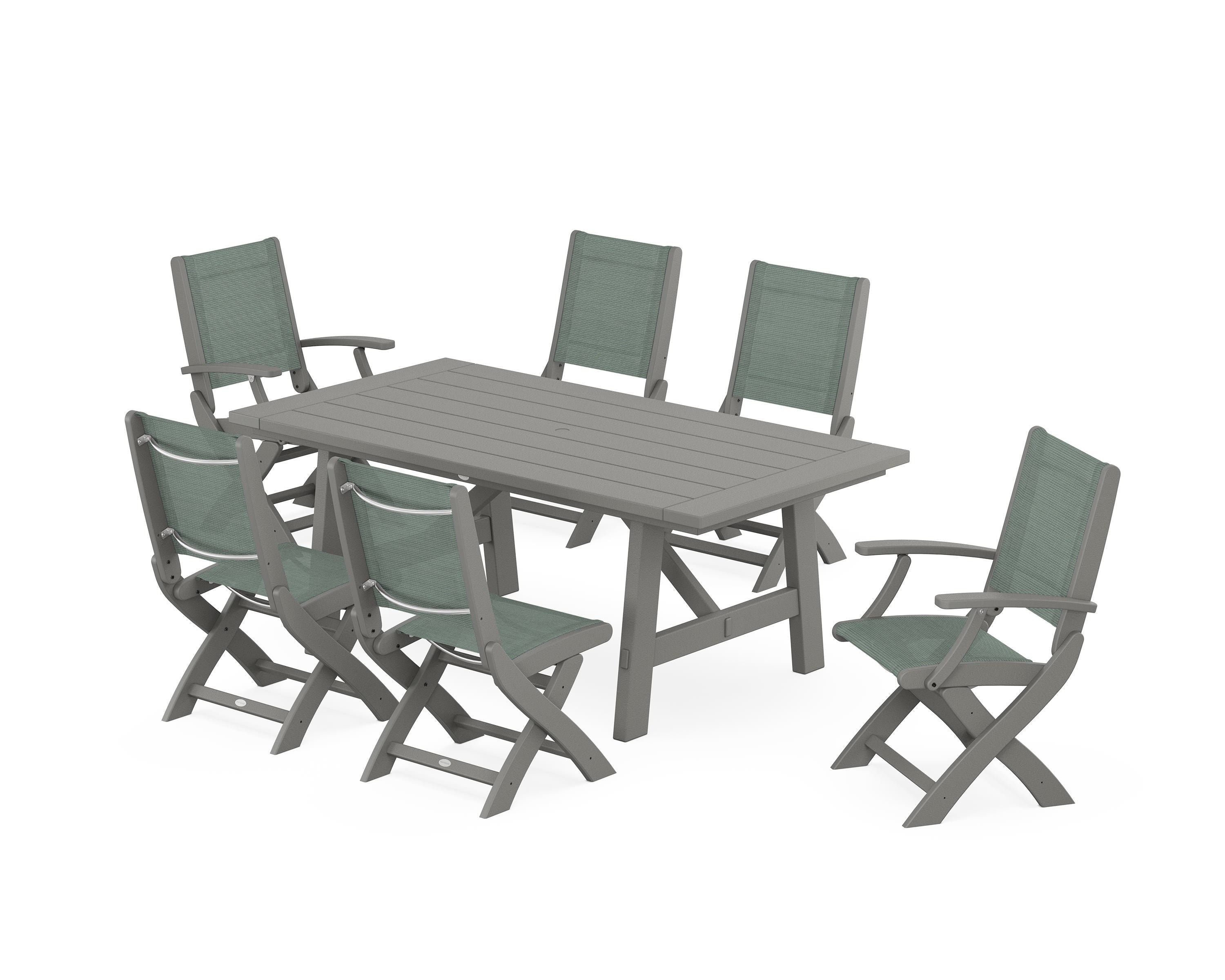 POLYWOOD Coastal Folding Chair 7-Piece Rustic Farmhouse Dining Set in Slate Grey / Dupioni Sea Mist Sling