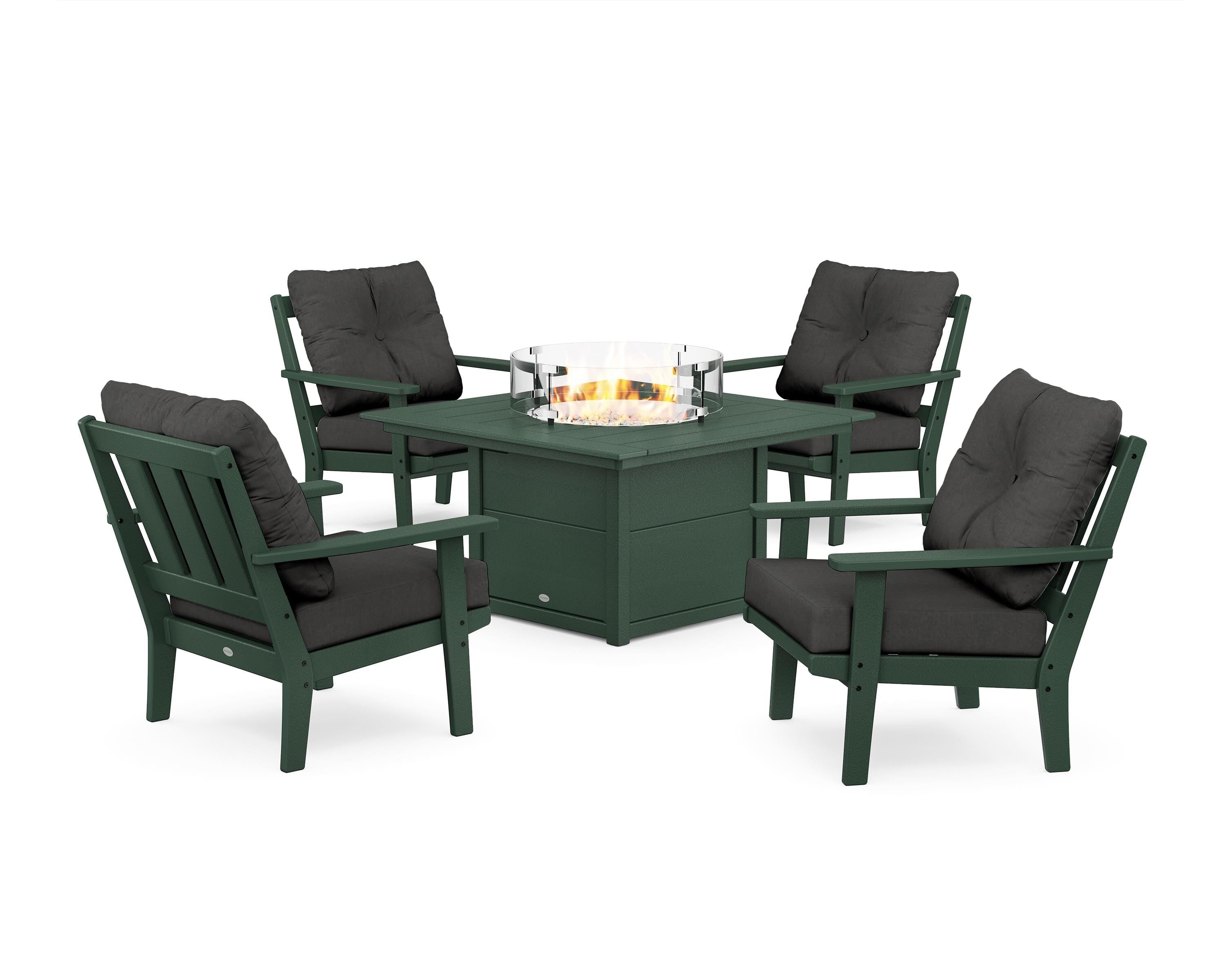 POLYWOOD Oxford 5-Piece Deep Seating Set with Fire Pit Table in Green / Spectrum Carbon