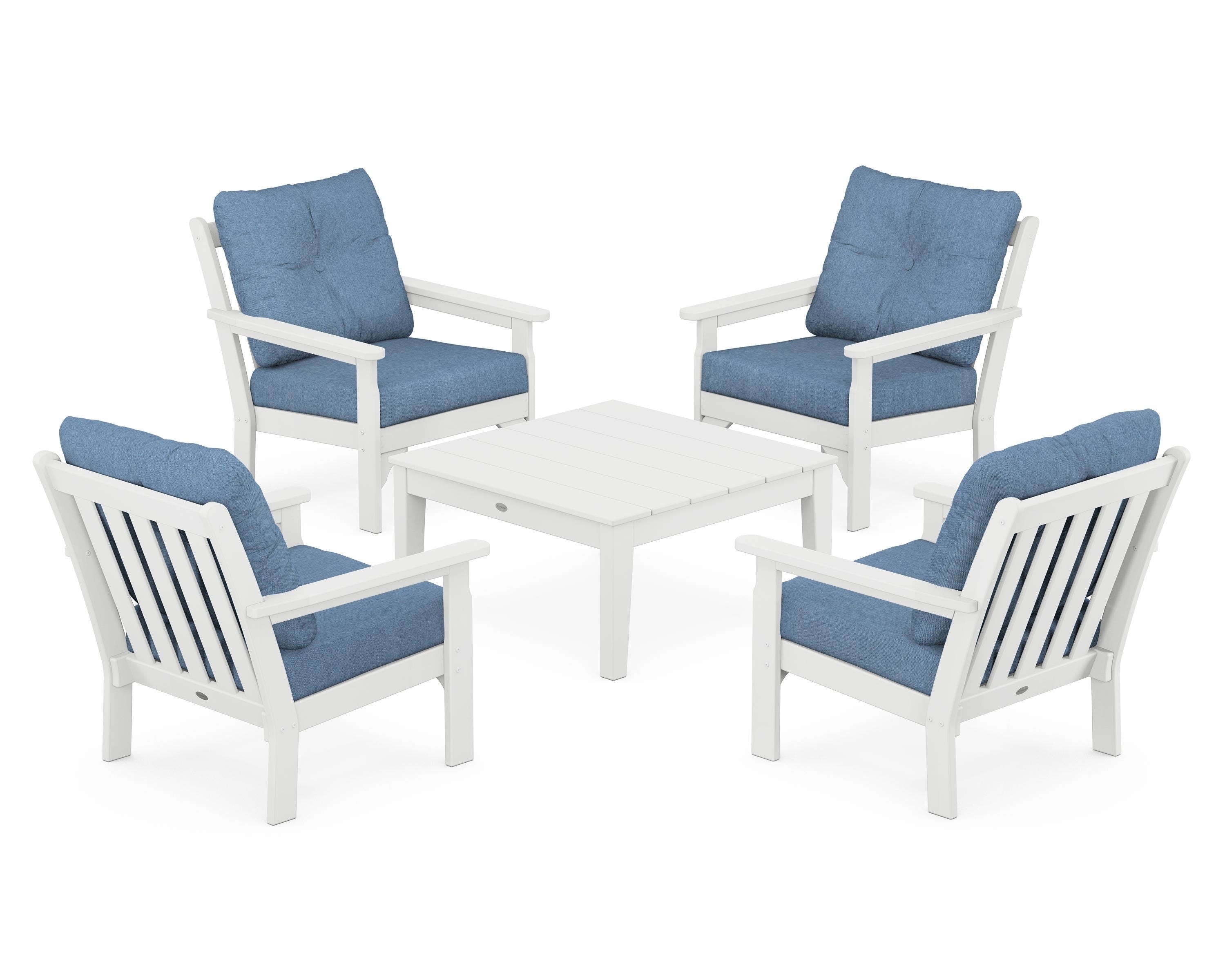 POLYWOOD Vineyard 5-Piece Deep Seating Conversation Set in White / Sky Blue
