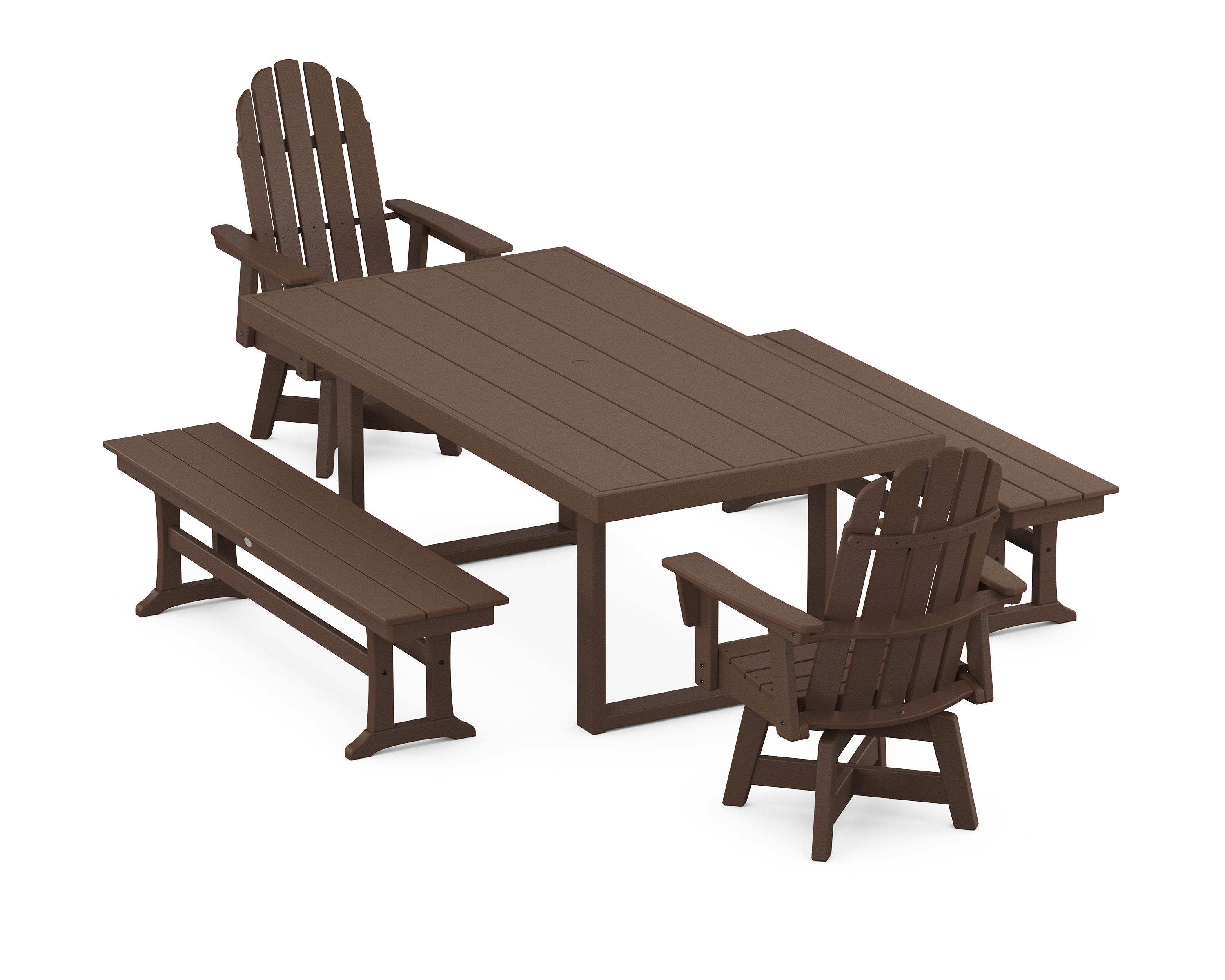 POLYWOOD® Vineyard Curveback Adirondack Swivel Chair 5-Piece Dining Set with Benches in Mahogany