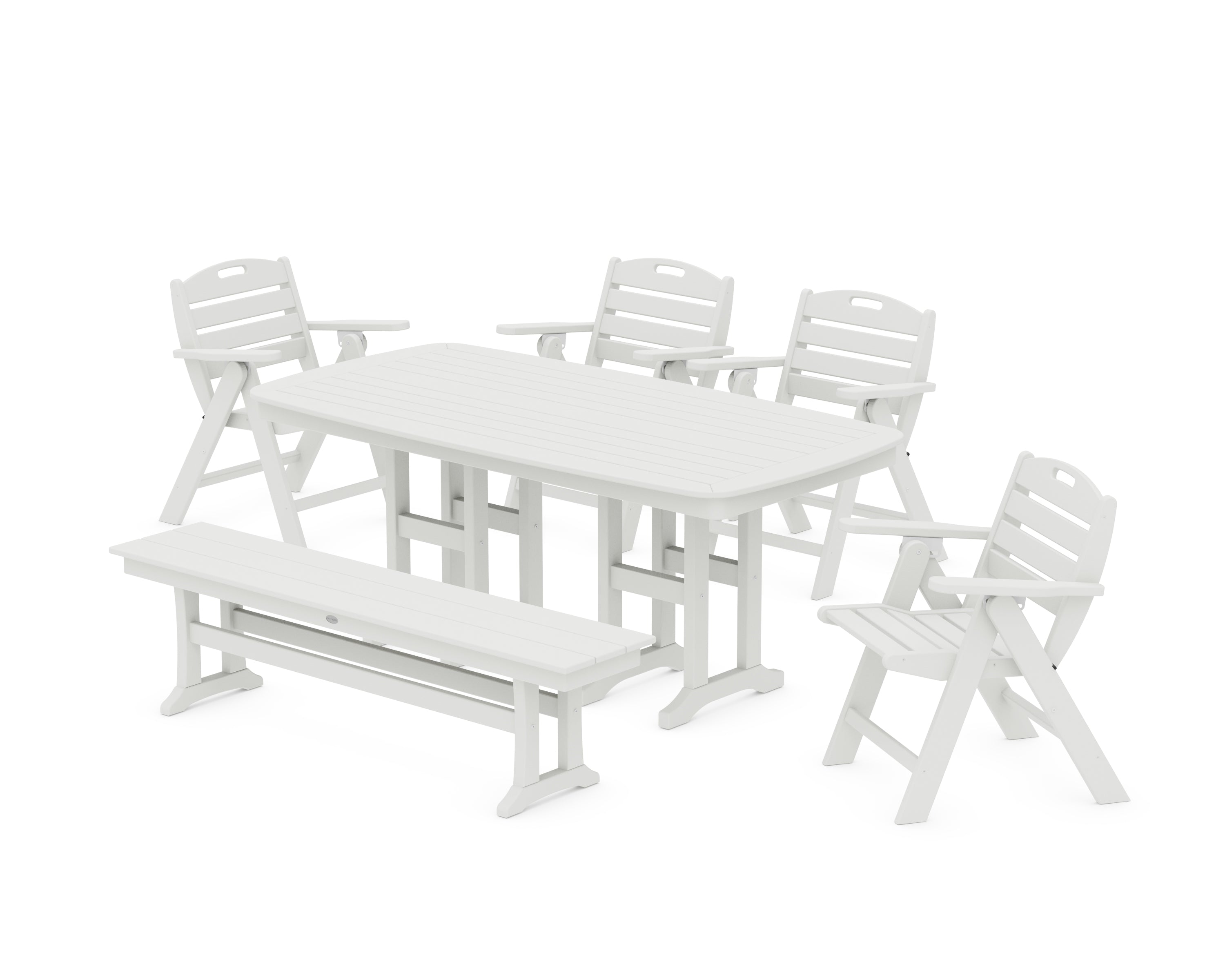 POLYWOOD Nautical Lowback 6-Piece Dining Set with Bench in Vintage White