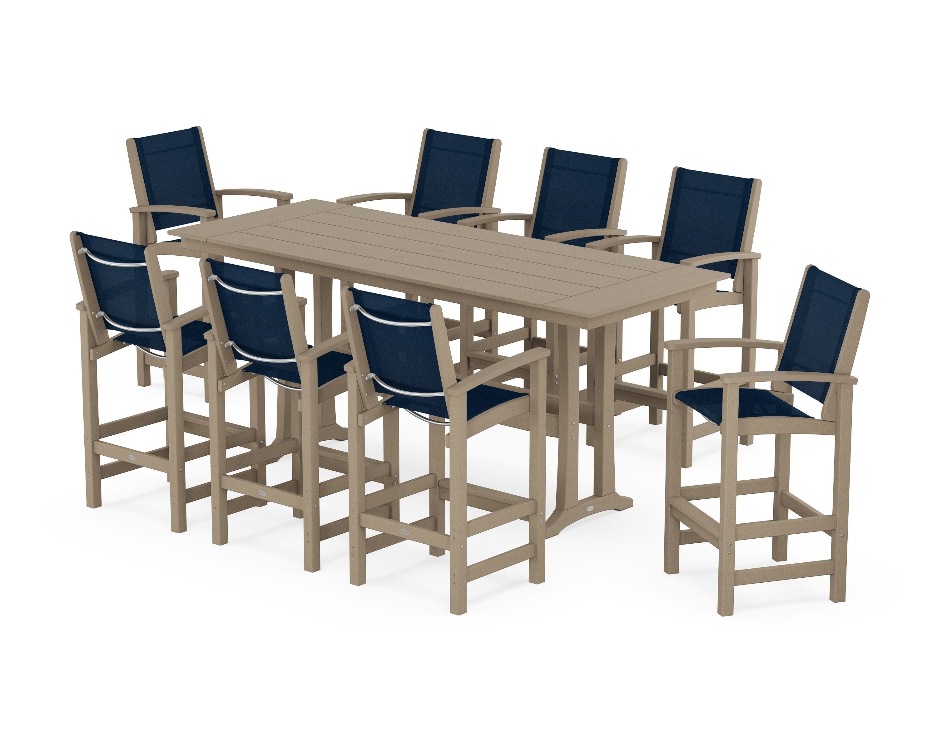 POLYWOOD Coastal 9-Piece Farmhouse Bar Set with Trestle Legs in Vintage Sahara / Navy Blue Sling