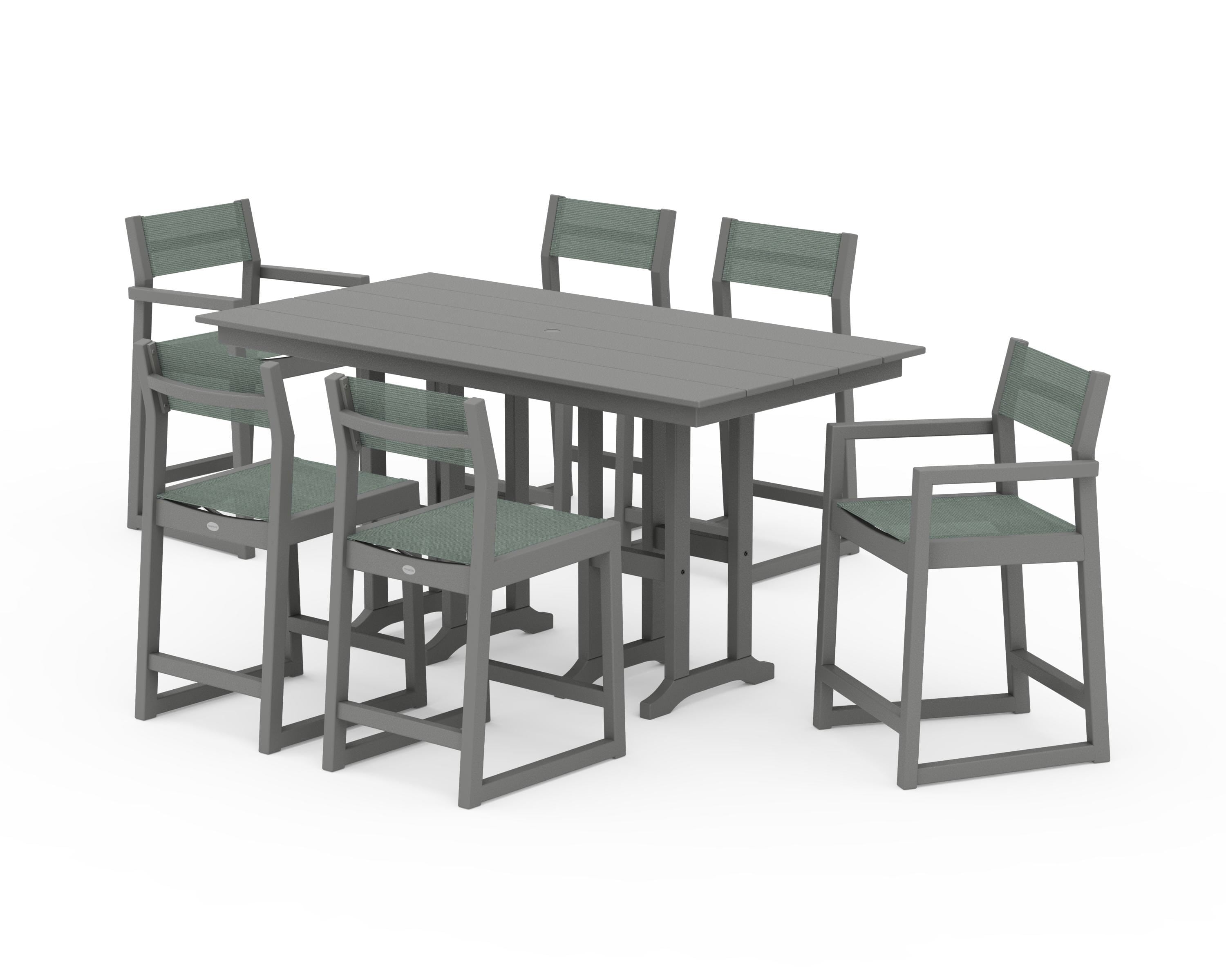 POLYWOOD EDGE Sling 7-Piece Farmhouse Counter Set with Trestle Legs in Slate Grey / Dupioni Sea Mist Sling