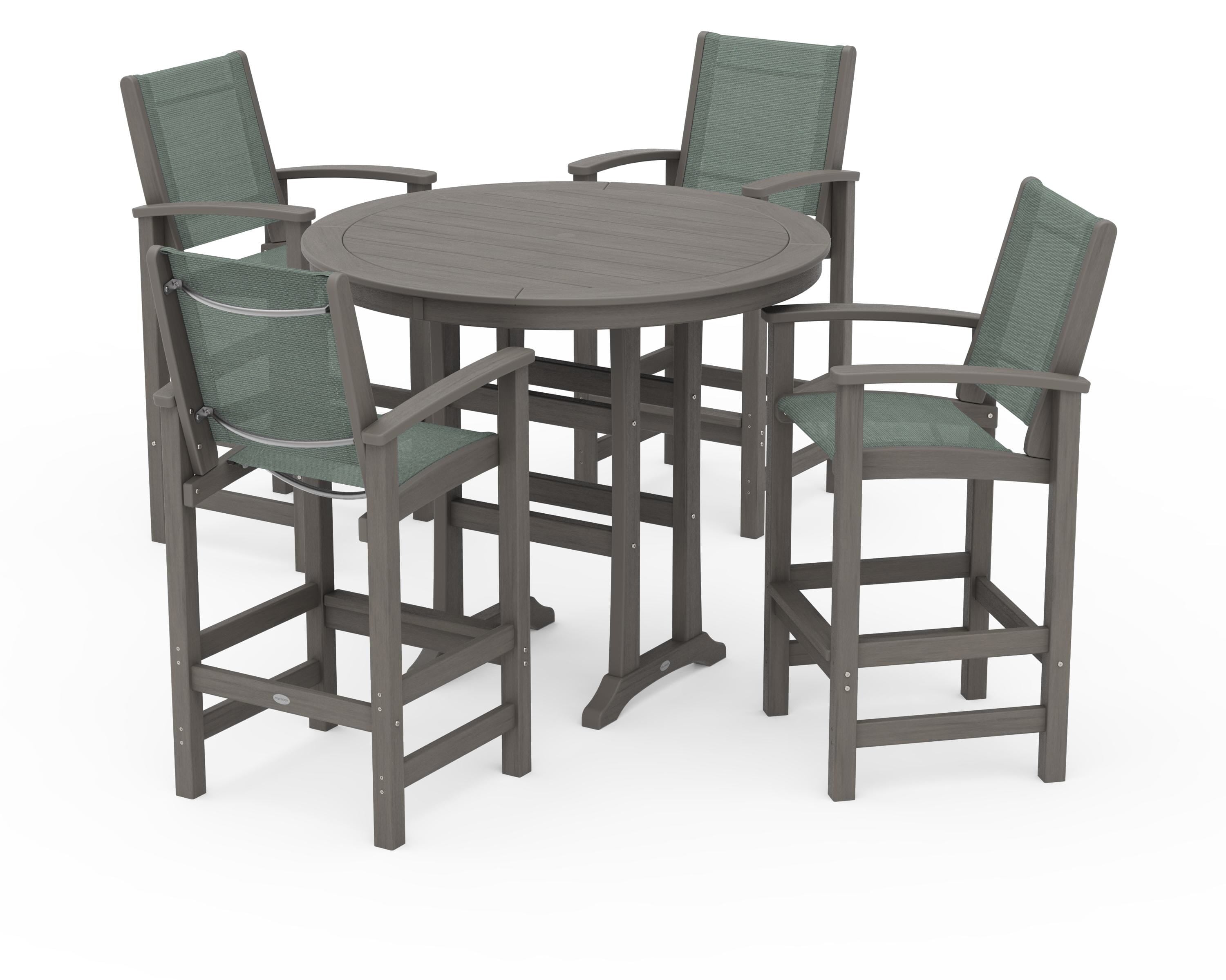 POLYWOOD Coastal 5-Piece Nautical Trestle Bar Set in Driftwood / Dupioni Sea Mist Sling