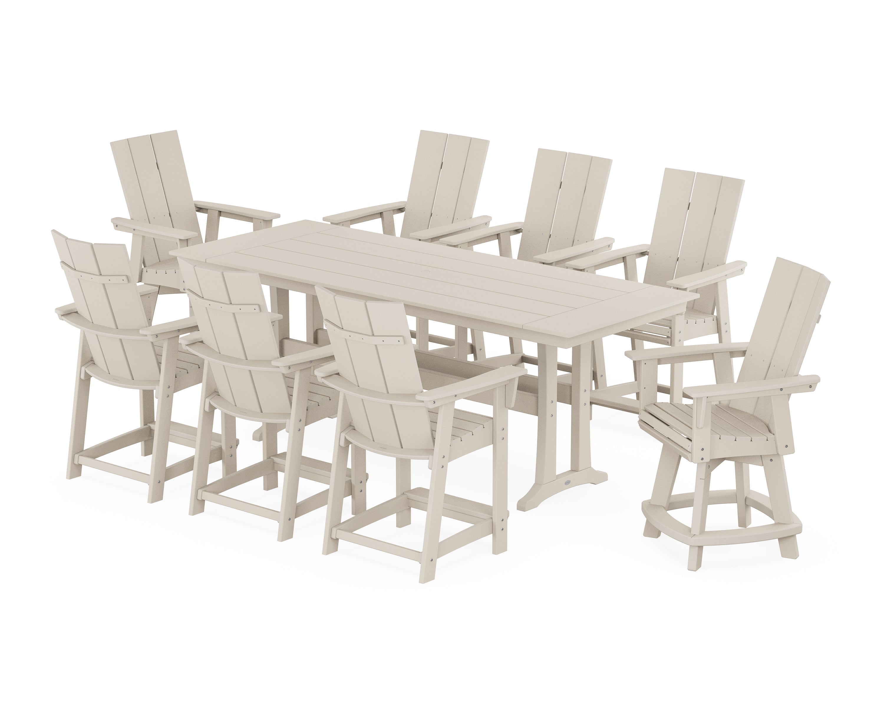 POLYWOOD® Modern Curveback Adirondack Swivel 9-Piece Farmhouse Counter Set with Trestle Legs in Sand