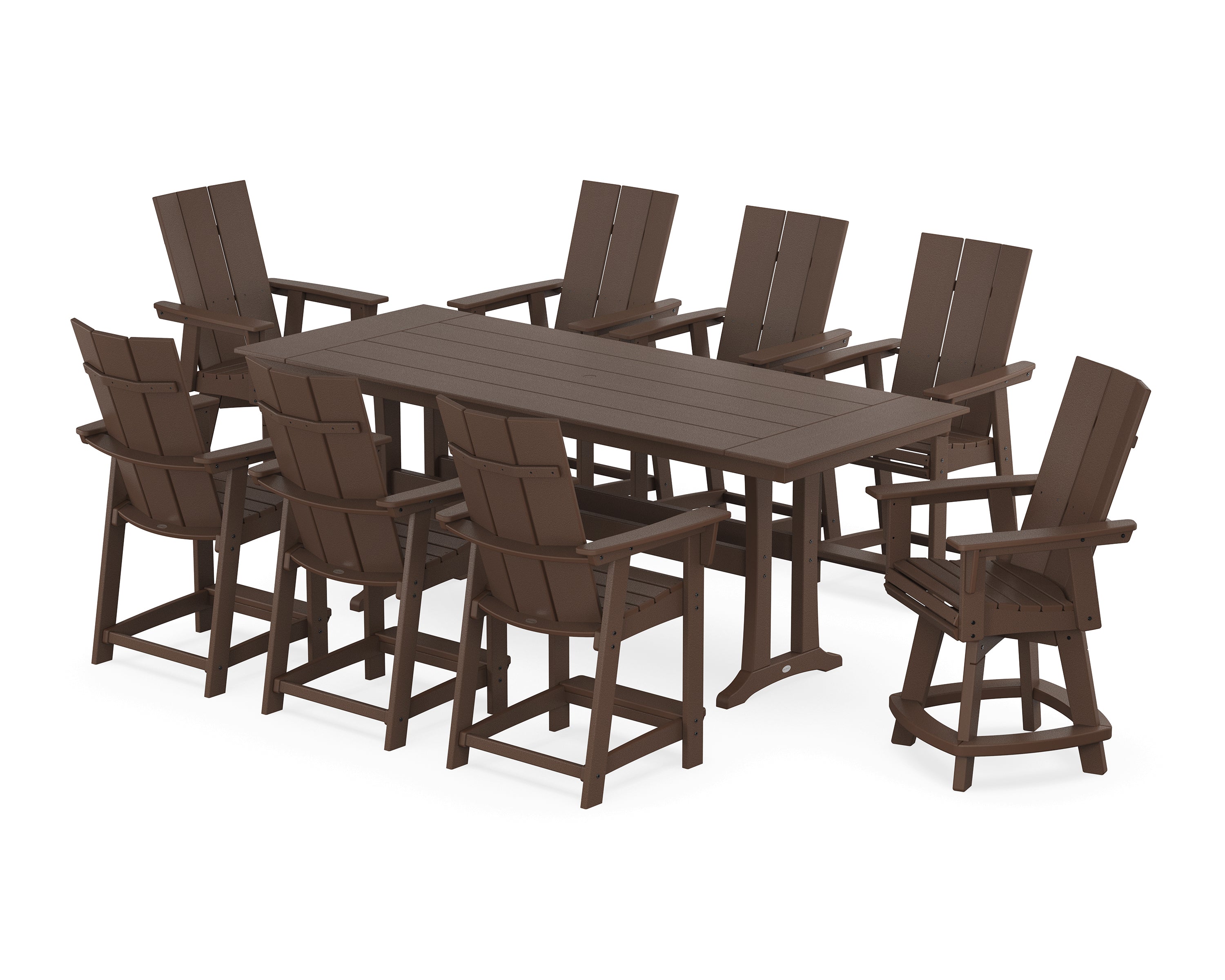 POLYWOOD® Modern Curveback Adirondack Swivel 9-Piece Farmhouse Counter Set with Trestle Legs in Mahogany