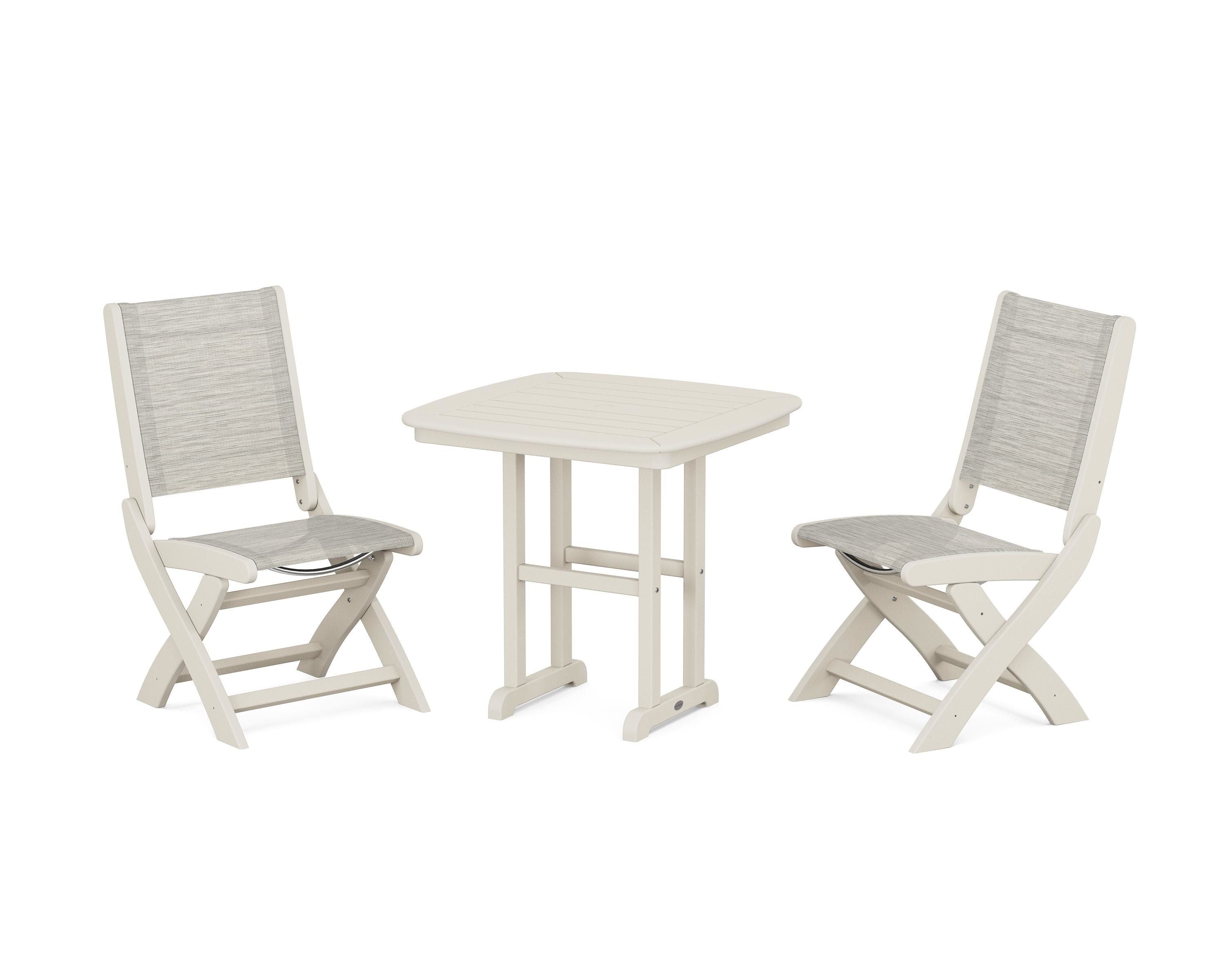 POLYWOOD Coastal Folding Side Chair 3-Piece Dining Set in Sand / Birch Sling