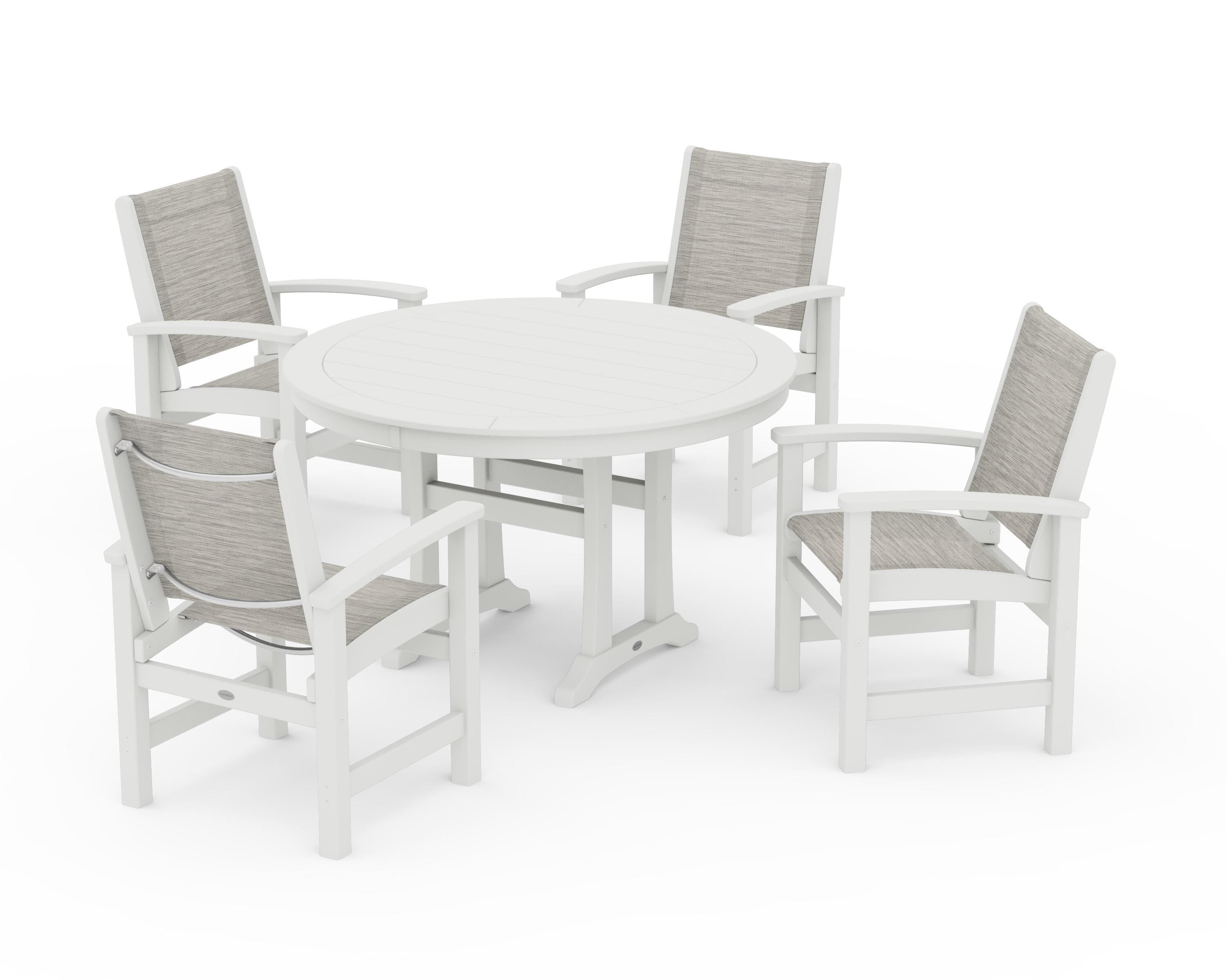 POLYWOOD Coastal 5-Piece Round Dining Set with Trestle Legs in Vintage White / Birch Sling