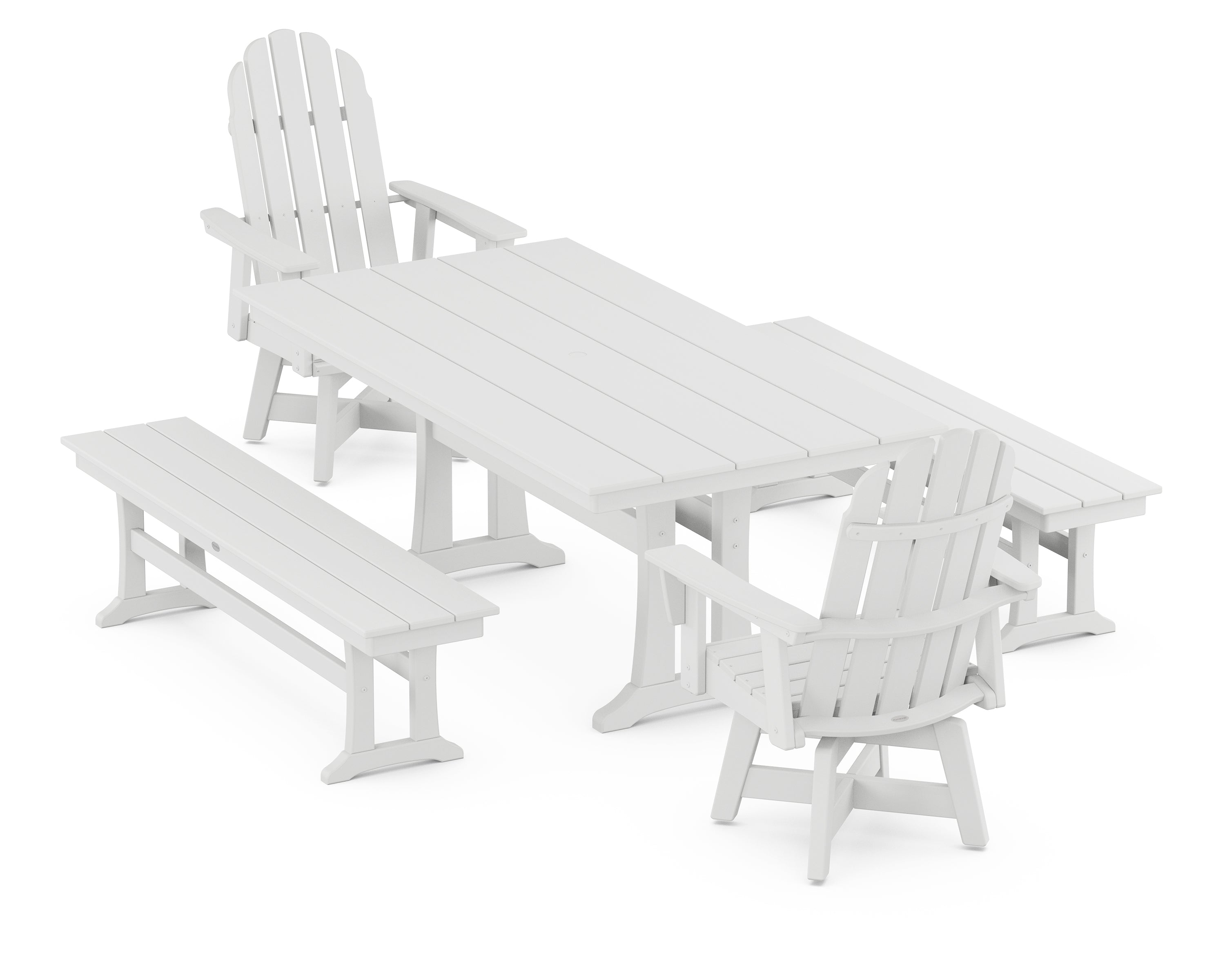 POLYWOOD® Vineyard Curveback Adirondack Swivel Chair 5-Piece Farmhouse Dining Set With Trestle Legs and Benches in White