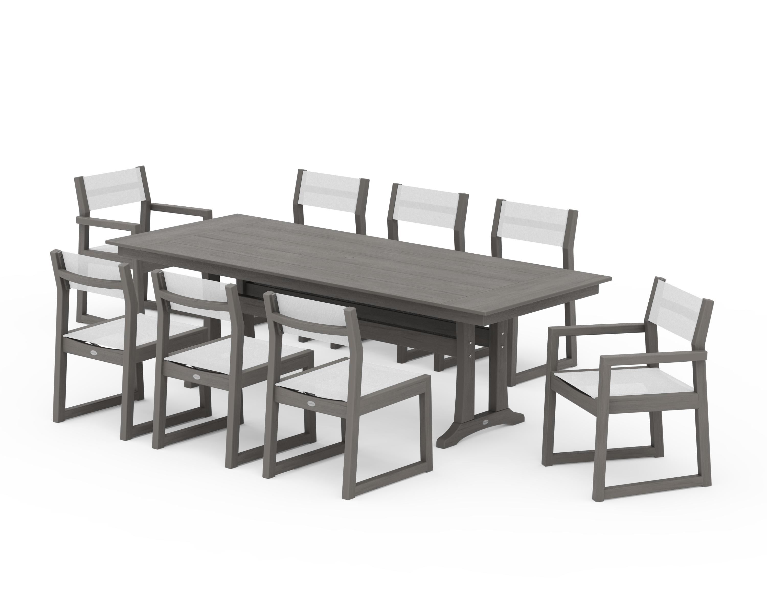 POLYWOOD EDGE Sling 9-Piece Farmhouse Trestle Dining Set in Driftwood / White Sling