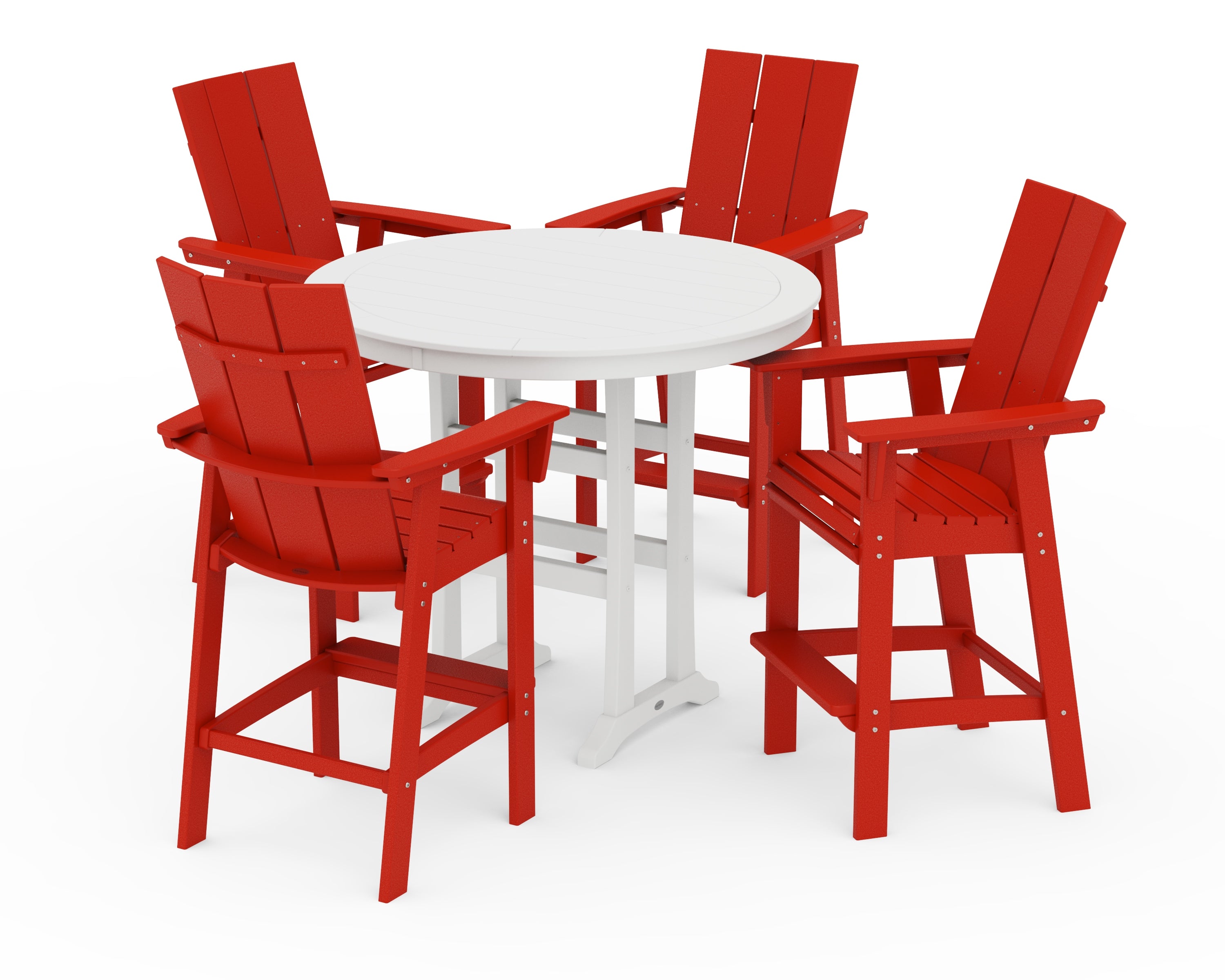 POLYWOOD Modern Curveback Adirondack 5-Piece Nautical Trestle Bar Set in Sunset Red / White