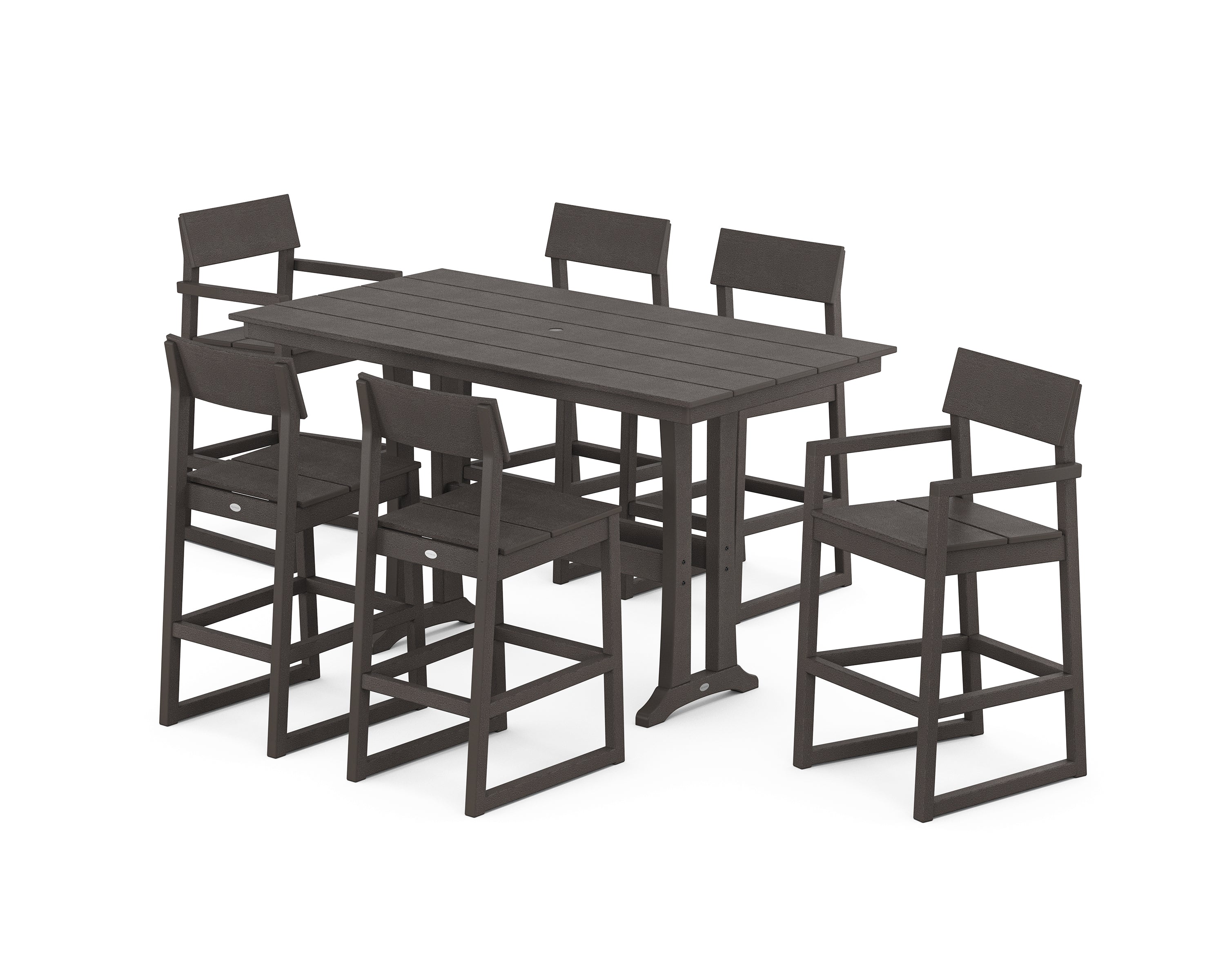 POLYWOOD EDGE 7-Piece Farmhouse Bar Set with Trestle Legs in Vintage Coffee