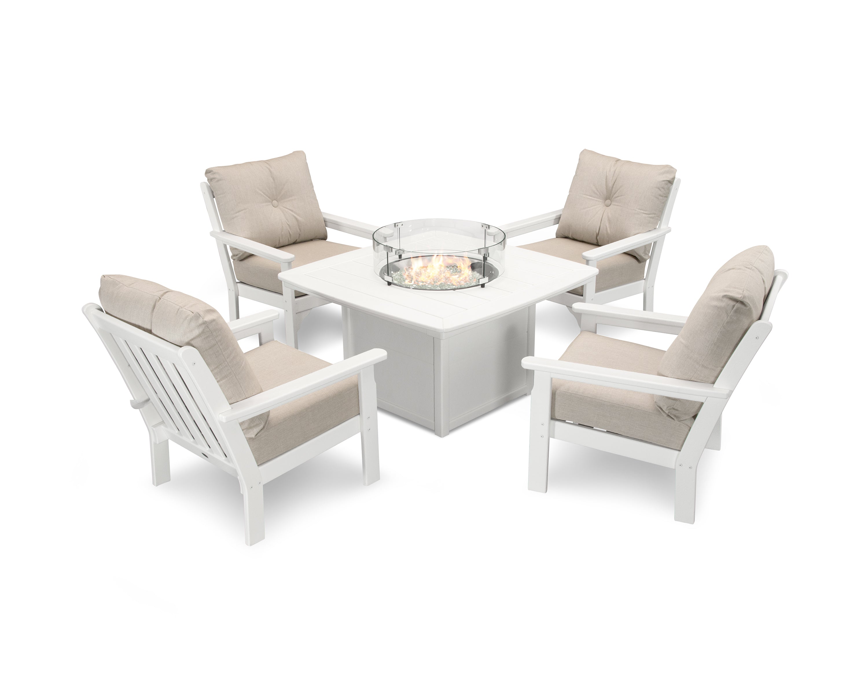 POLYWOOD Vineyard 5-Piece Conversation Set with Fire Pit Table in White / Cast Ash